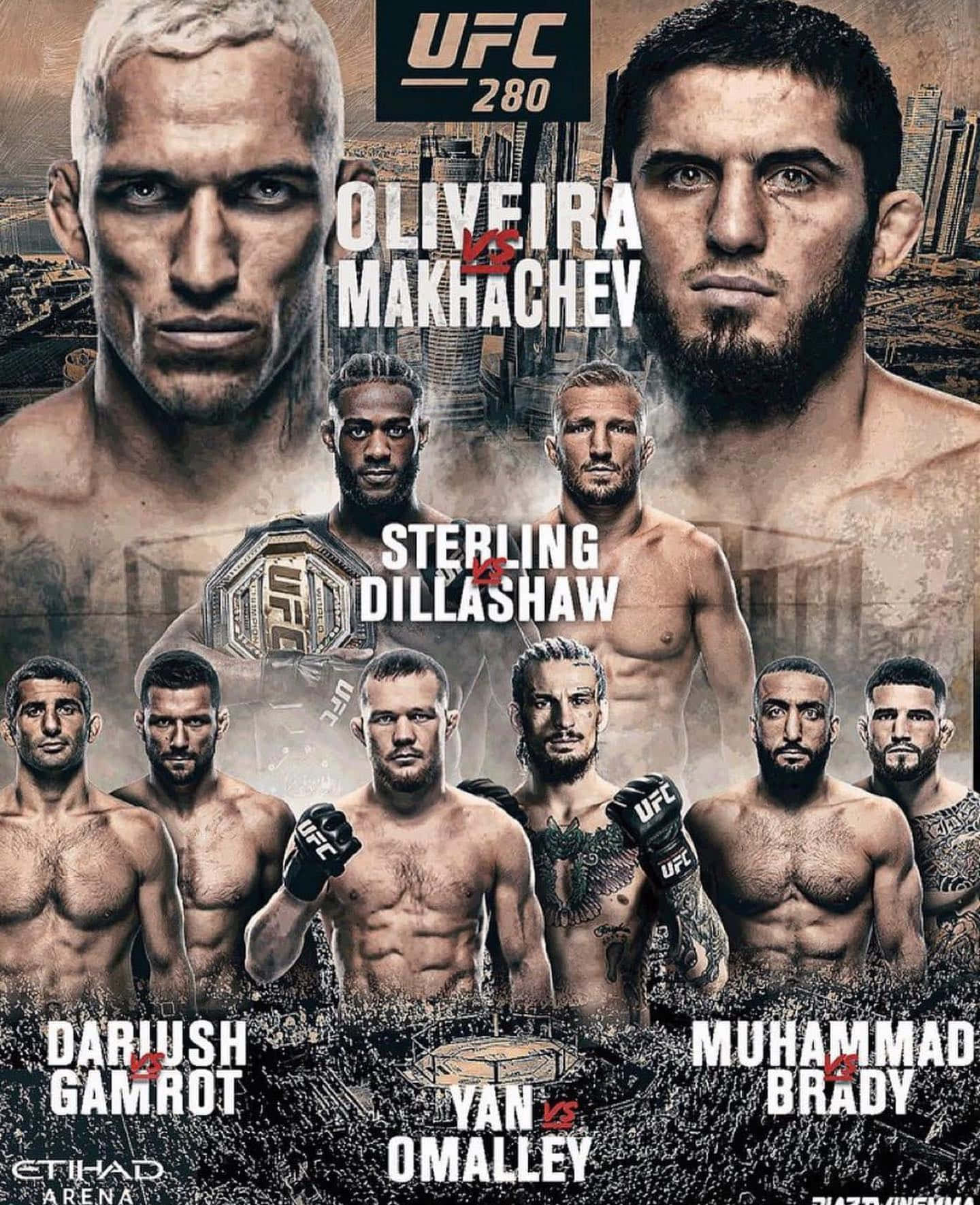 肖恩·布雷迪在 UFC 280 壁紙 — 一張 gritty 風格的 UFC 280 海報，八位拳手在都市背景下展現強烈表情。