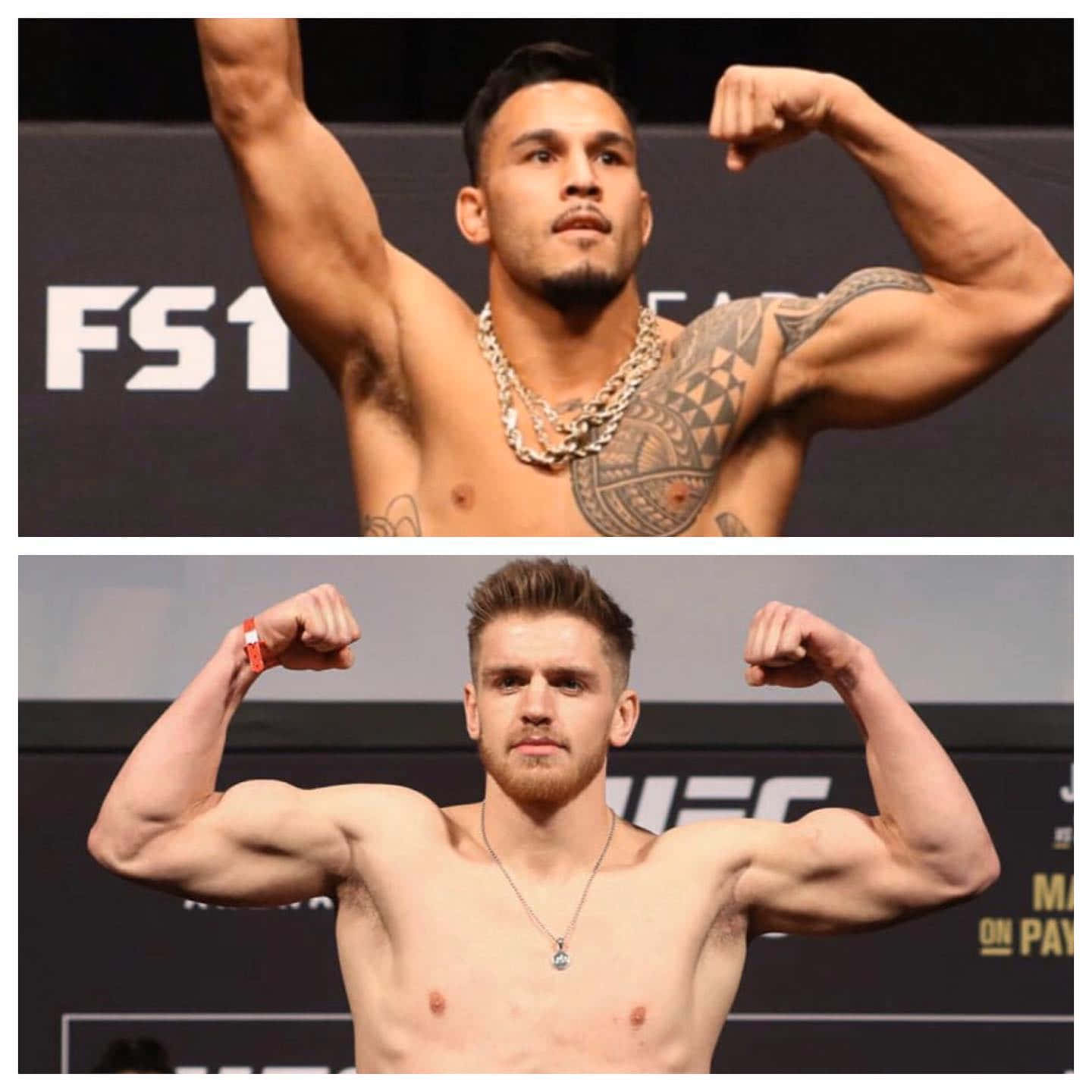 UFC選手布拉德·塔瓦雷斯展現力量 壁紙 — 兩名肌肉發達的男性拳手在帶有品牌背景的稱重台上展示二頭肌。