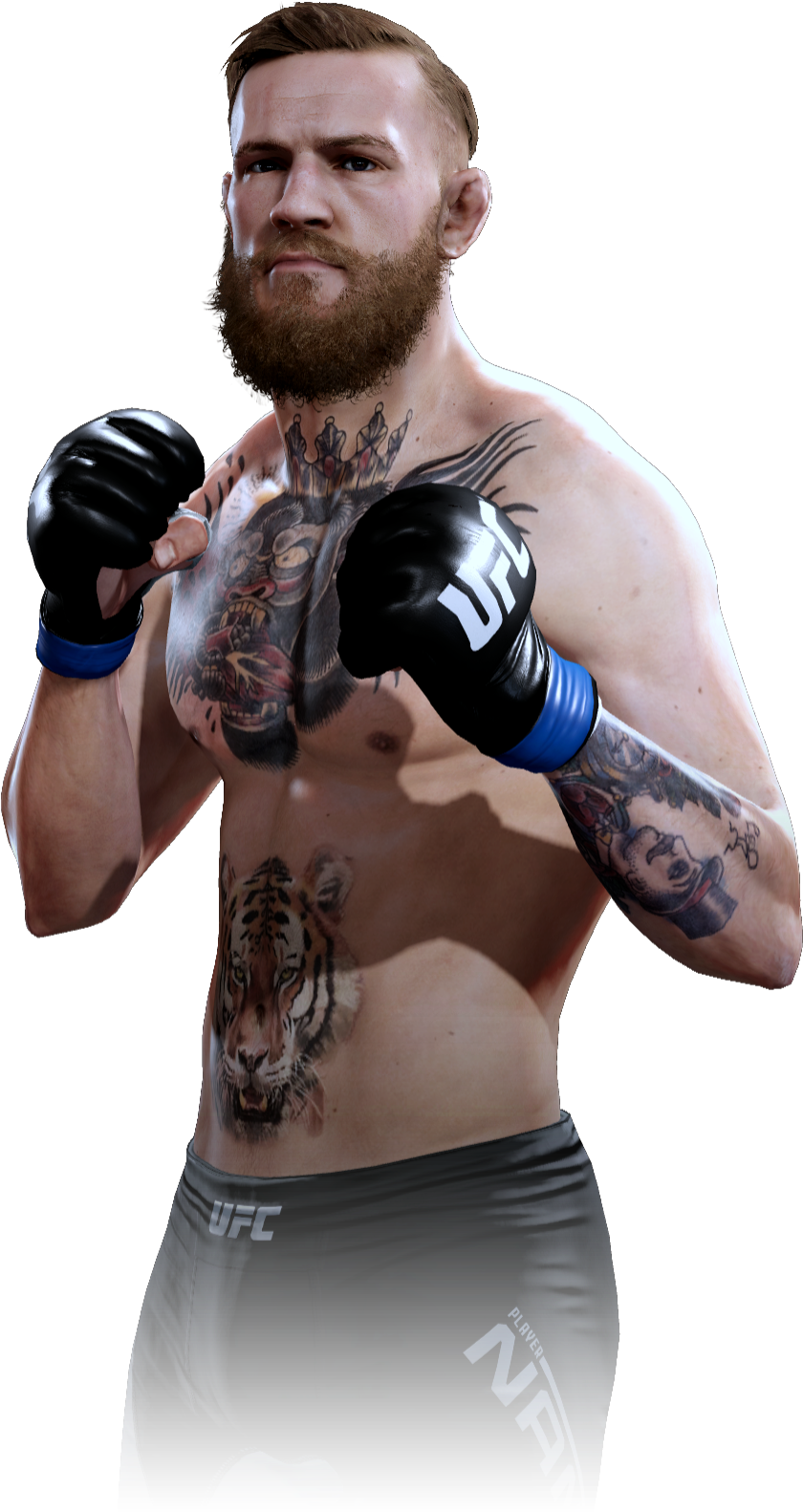 康納·麥格雷戈UFC戰士姿勢 壁紙 — 一個肌肉發達、有紋身、戴住UFC手套嘅鬥士，喺黑色背景前自信咁擺甫士。