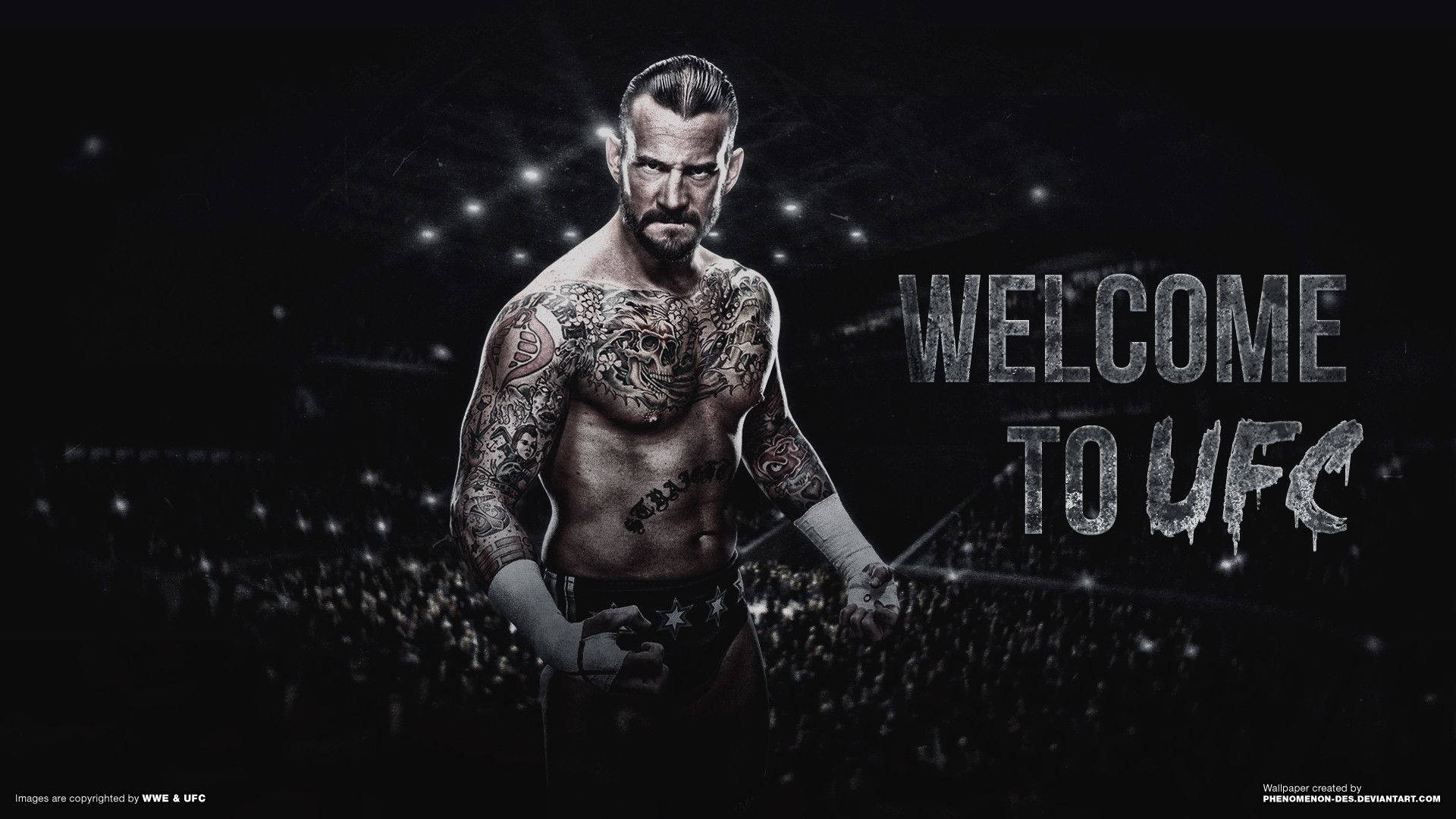 UFC C.M. Punk 首秀 壁紙 — 一位紋身戰士站在黑暗的競技場中，身後有發光的燈光和人群，文字顯示歡迎來到ufc。