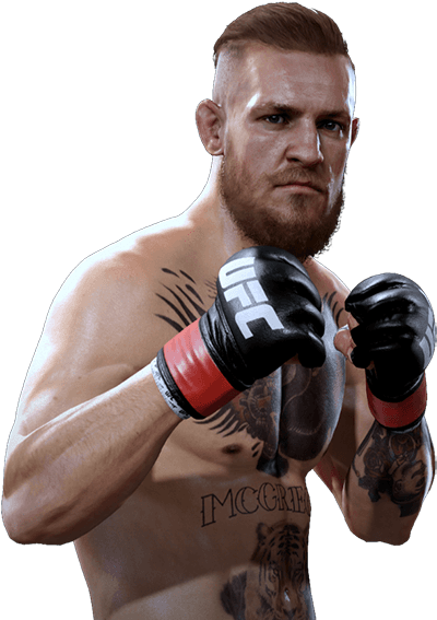 康納·麥格雷戈UFC戰鬥姿勢 壁紙 — 一個肌肉發達、有紋身、戴著UFC手套的戰士，在黑色背景下強烈地凝視。