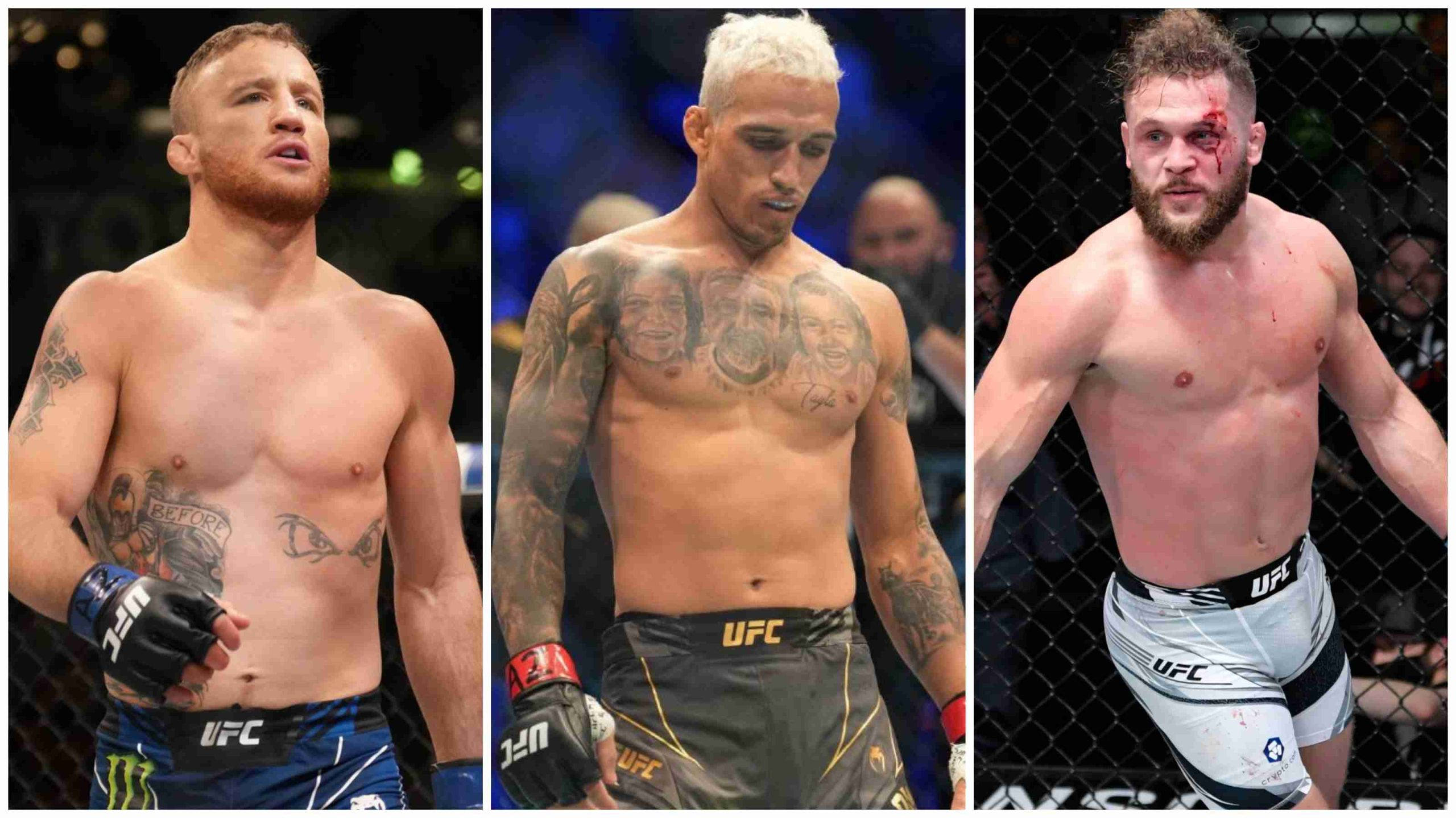 拉斐爾·菲茲耶夫與UFC選手合集 壁紙 — 三名UFC拳手在八角籠中賽後站立，一人滿臉是血，另一人有紋身，第三人留鬍鬚，全部顯示疲憊和強烈。