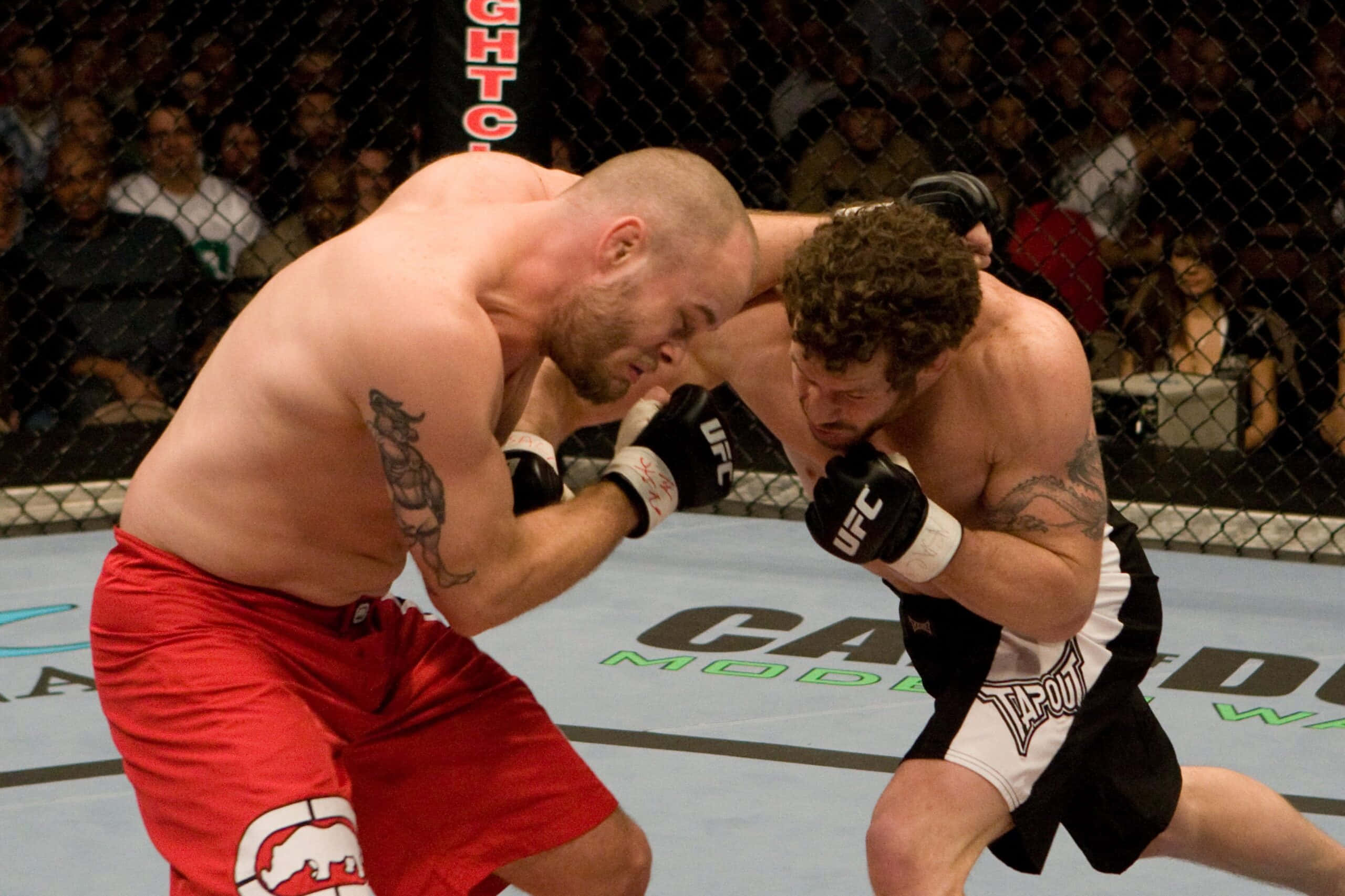 「戰鬥準備——UFC傳奇特拉維斯·富爾頓在行動」 壁紙 — 兩名MMA拳手在籠中激烈纏鬥，觀眾專注觀看。