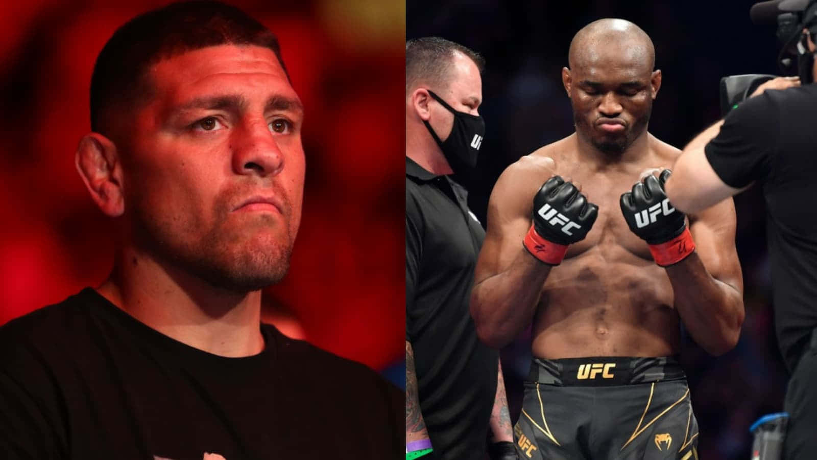 UFC選手卡馬魯·烏斯曼與尼克·迪亞茲 壁紙 — 兩名UFC拳手身穿戰鬥裝備，一人穿黑色上衣表情專注，另一人以手套和短褲擺出戰鬥姿勢。