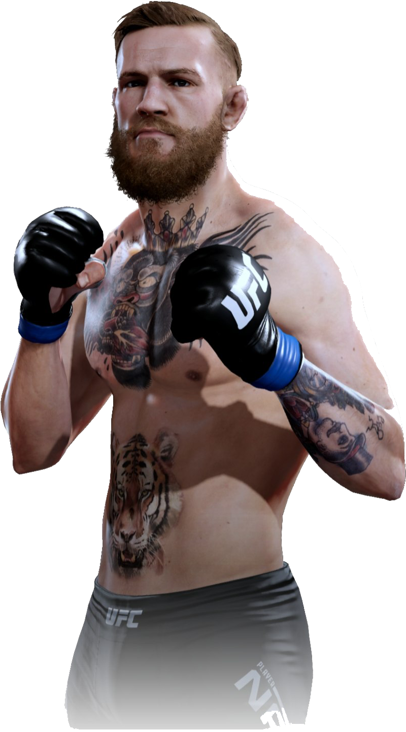康納·麥格雷戈UFC戰鬥姿勢 壁紙 — 一個肌肉發達、有紋身、戴著UFC手套的戰士，在黑色背景前擺出戰鬥姿勢。