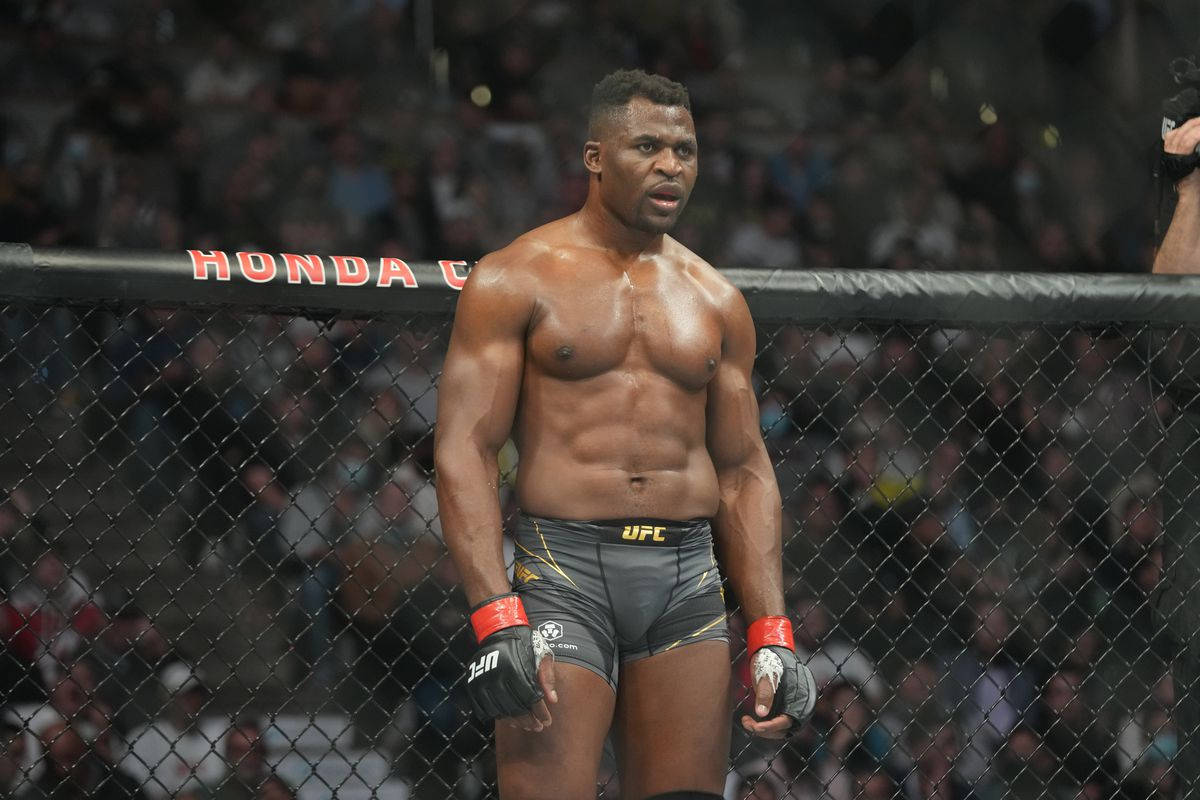 一位穿著UFC短褲和手套的肌肉發達MMA拳手，在比賽中站在八角籠內。