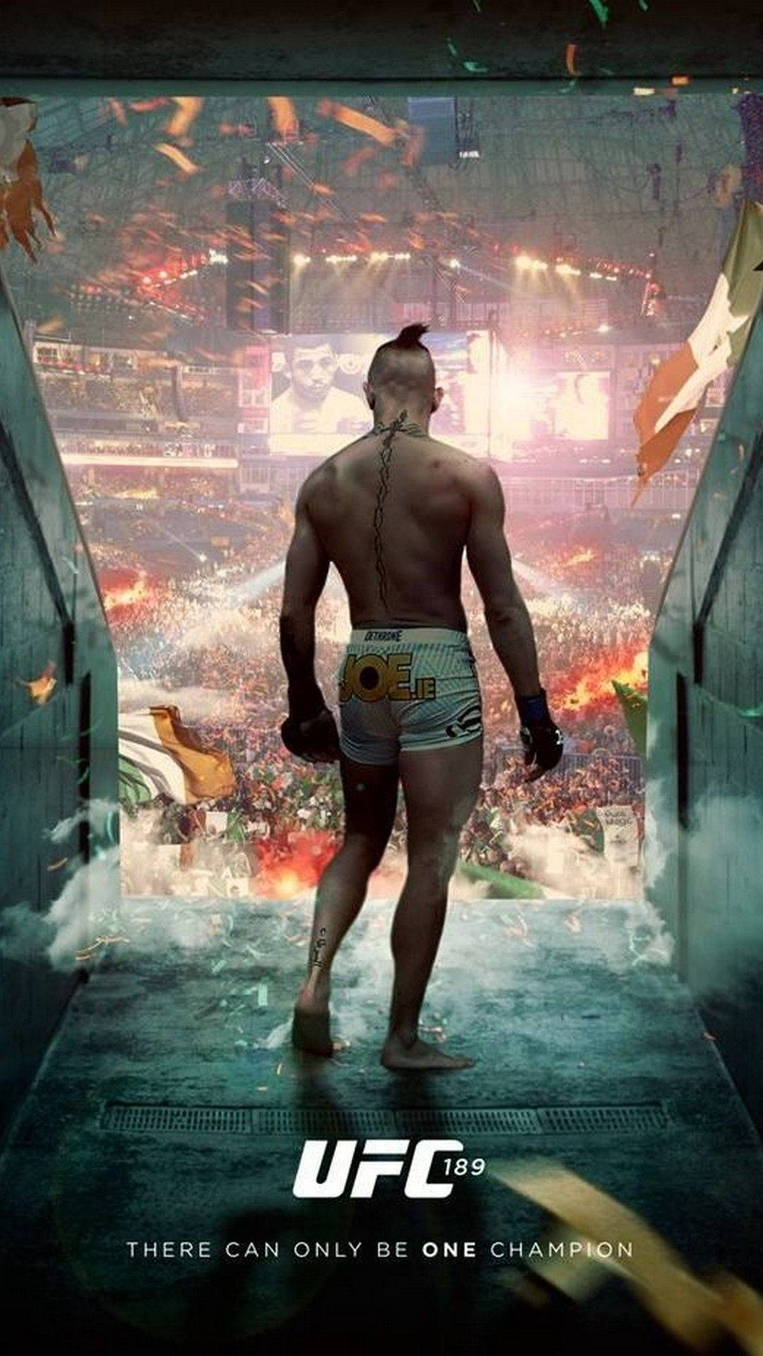 UFC 康納·麥格雷戈海報 壁紙 — 一名肌肉發達的戰士沿隧道走向咆哮的競技場，周圍飄落著五彩紙屑。