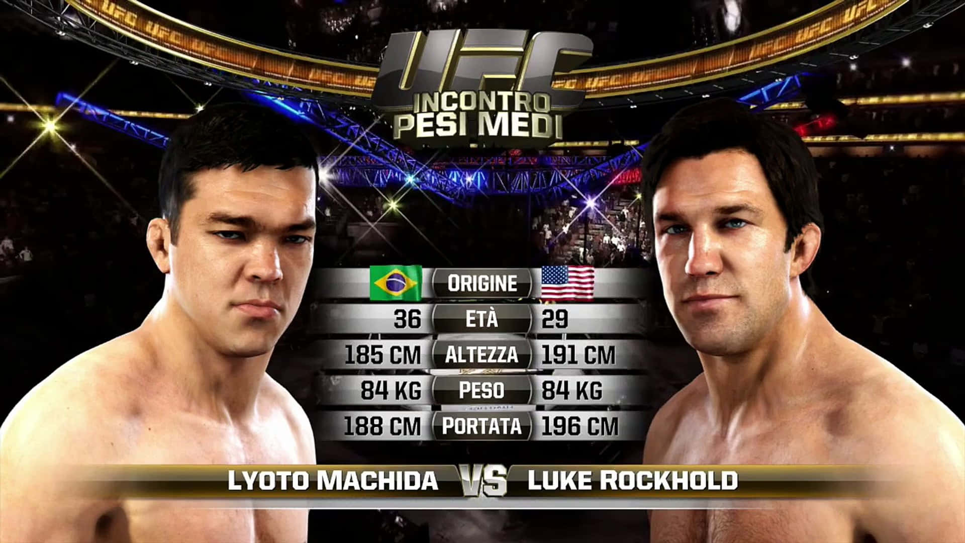 UFC拳手對戰圖形，顯示Lyoto Machida對陣Luke Rockhold，附帶統計數據。