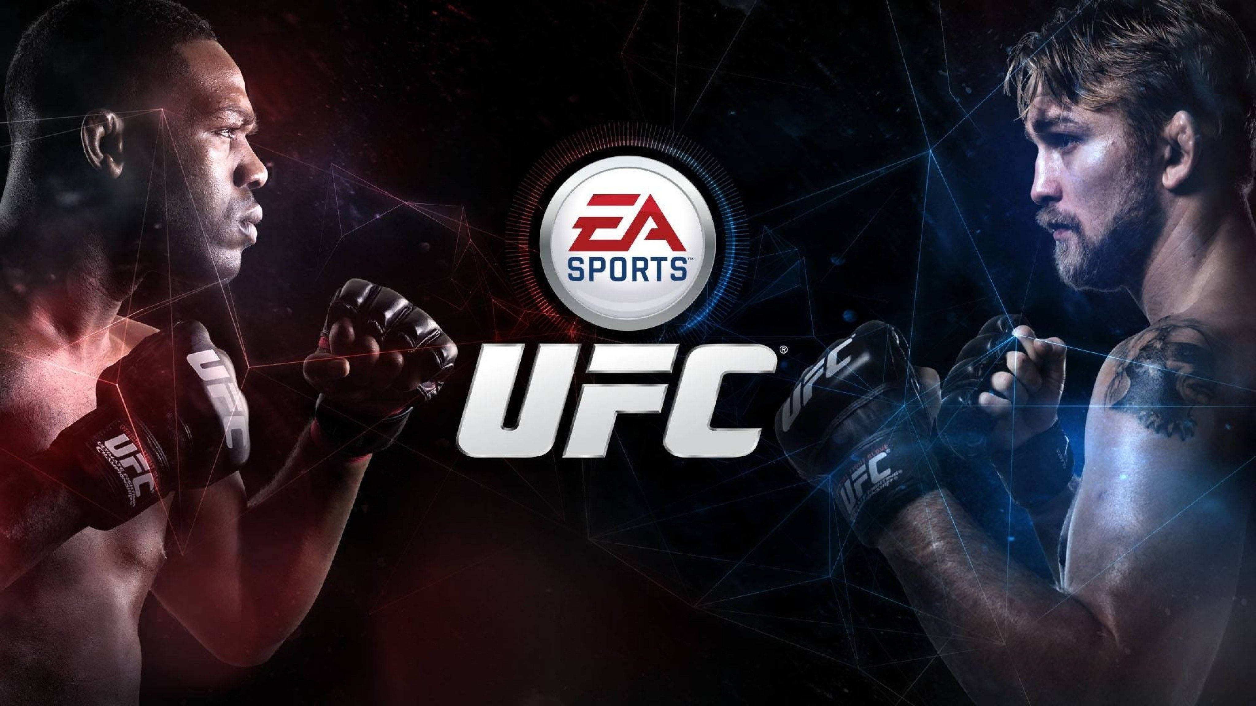 UFC 輕重量級對決前的對峙 壁紙 — 兩位UFC拳手在數碼藝術宣傳圖片中對峙，背景為深色，帶有發光的紅色和藍色幾何線條。