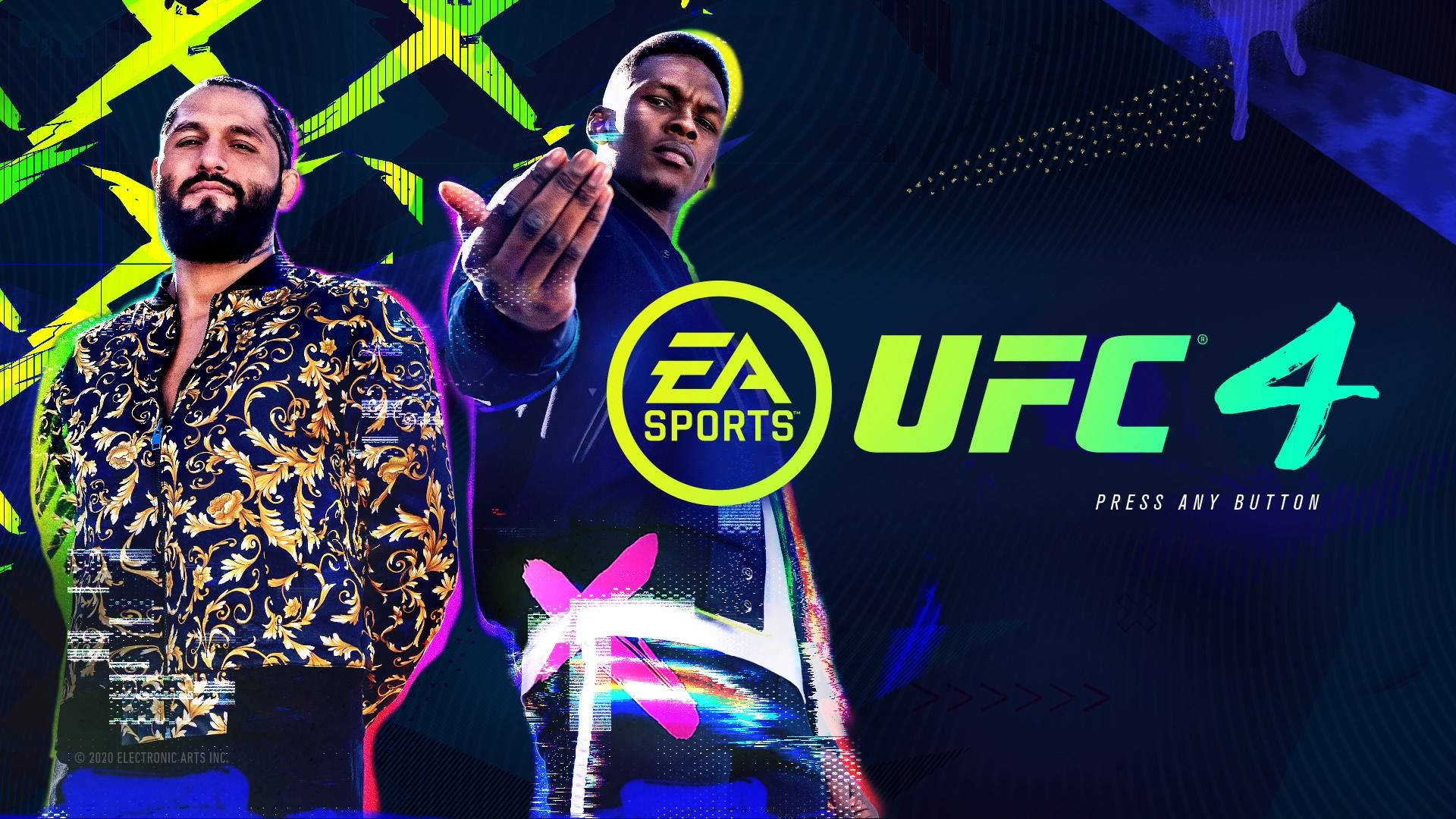 UFC 馬斯維達爾-阿德薩尼亞遊戲封面 壁紙 — 兩名拳手在霓虹燈數位背景前動態擺姿勢，宣傳EA Sports UFC 4，帶有鮮明的故障效果。