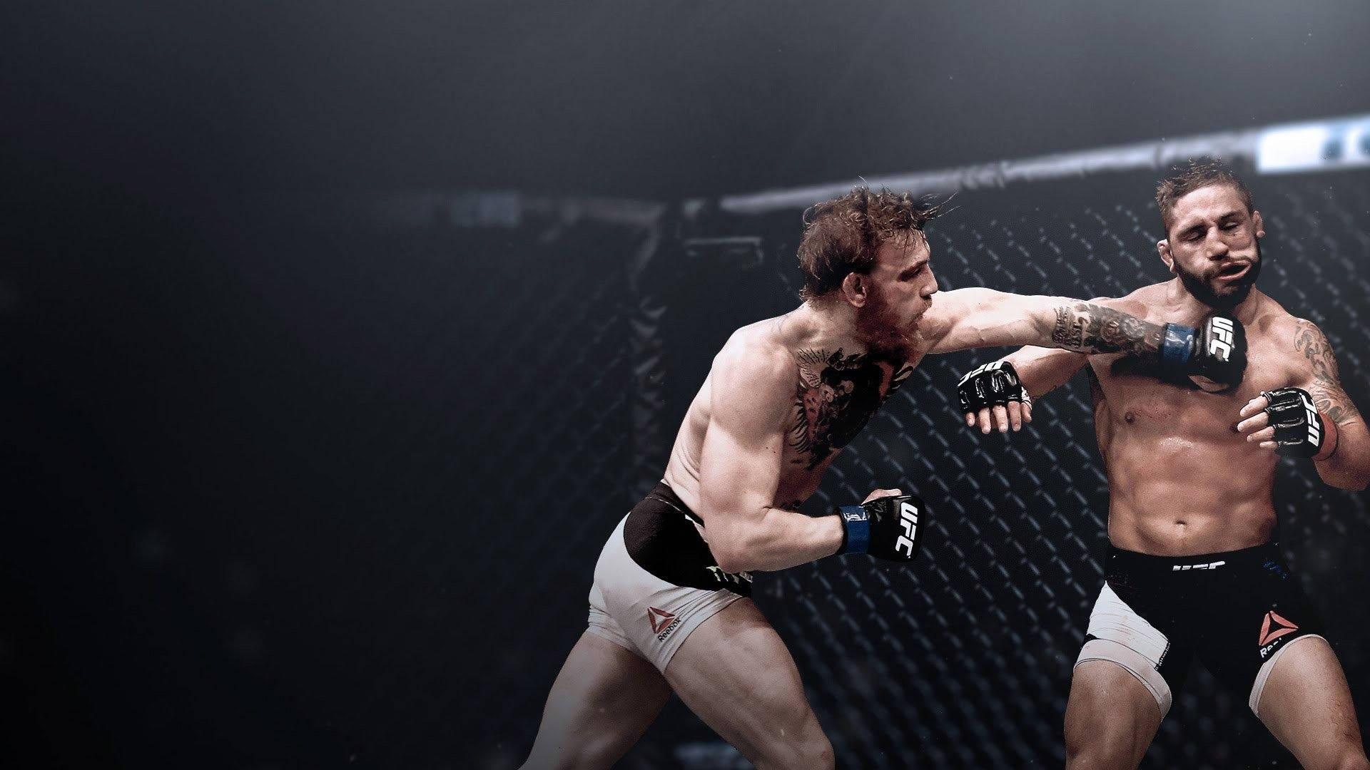 UFC 麥格雷戈關鍵一擊 壁紙 — 兩名肌肉發達的MMA拳手在籠中激烈碰撞，汗水飛濺，其中一人在明亮的場館燈光下向對手面部打出強力一拳。