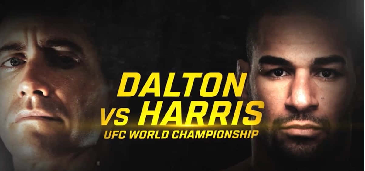 UFC世界冠軍賽Dalton對Harris宣傳圖 壁紙 — 兩位激烈的UFC拳手在深色背景上以粗體黃色文字對峙的戲劇性冠軍海報。
