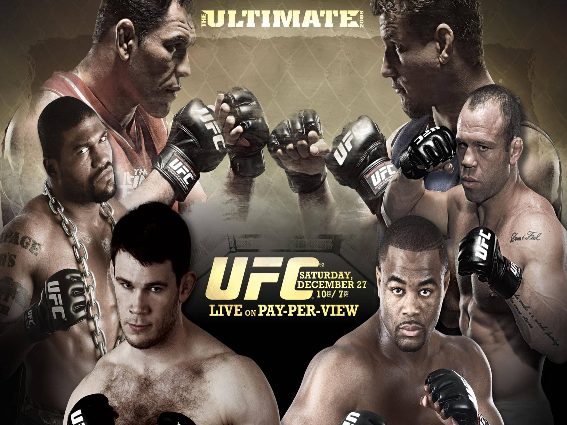 五位UFC拳手擺出戰鬥姿勢，戴著手套的拳頭舉起。