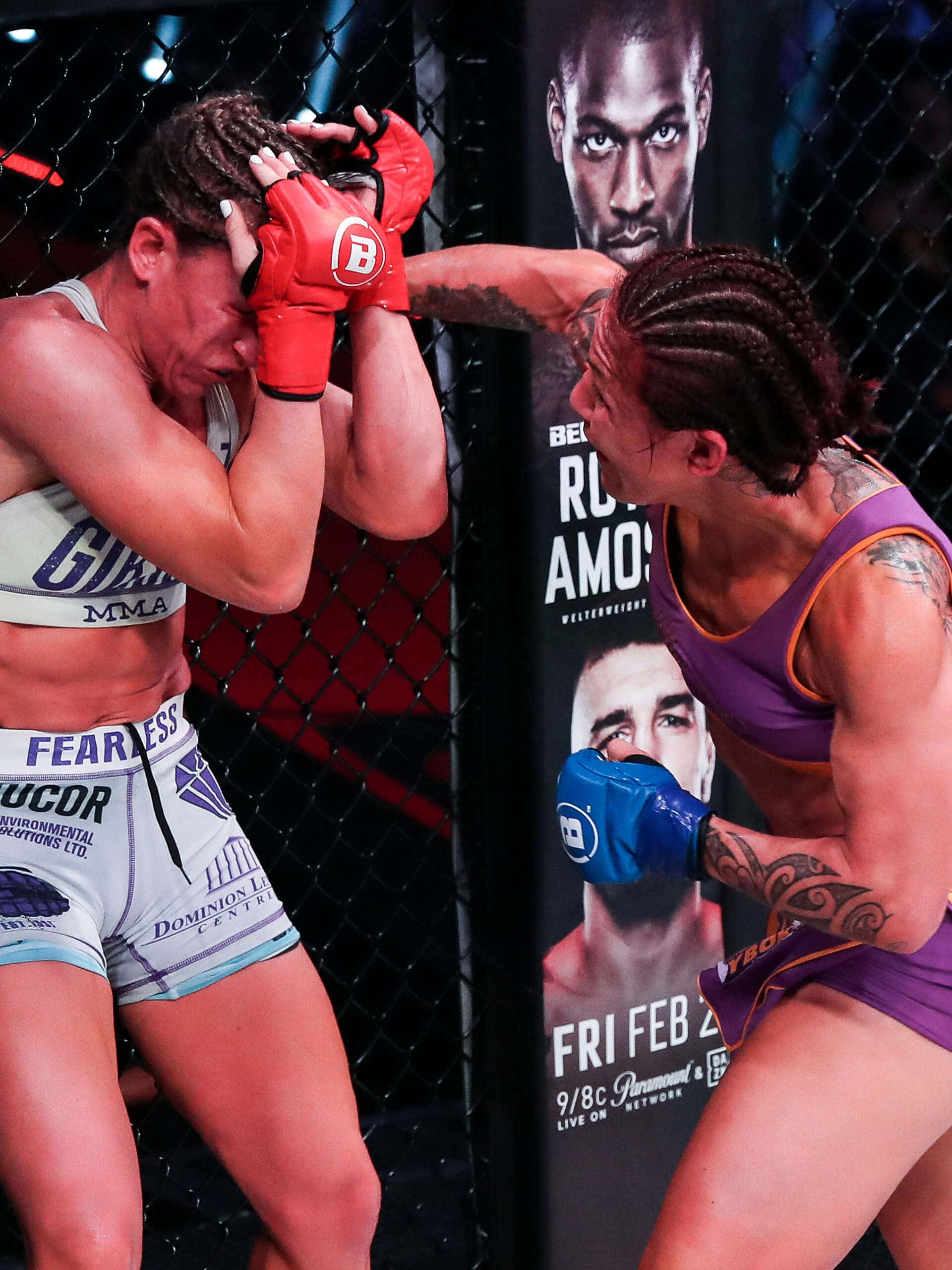 UFC女選手克莉絲·西伯格與茱莉亞·巴德於Bellator 238賽事的經典對決 壁紙 — 兩名女性MMA拳手在激烈的籠鬥中交鋒。一名身穿白色裝備保護臉部，另一名身穿紫色裝備則發出強力一擊。