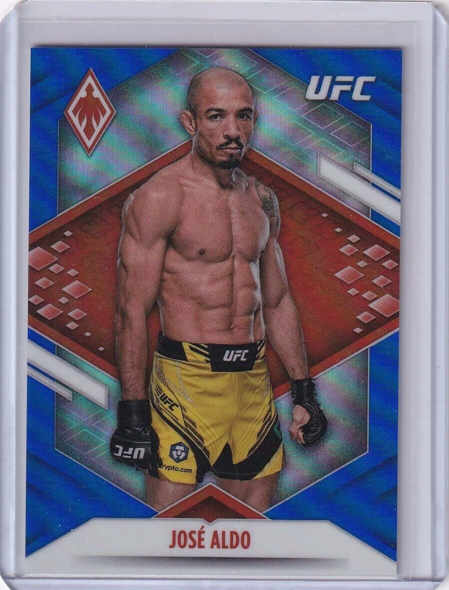 UFC拳手Jose Aldo穿著黃色短褲和手套，站在色彩繽紛的卡片背景上。