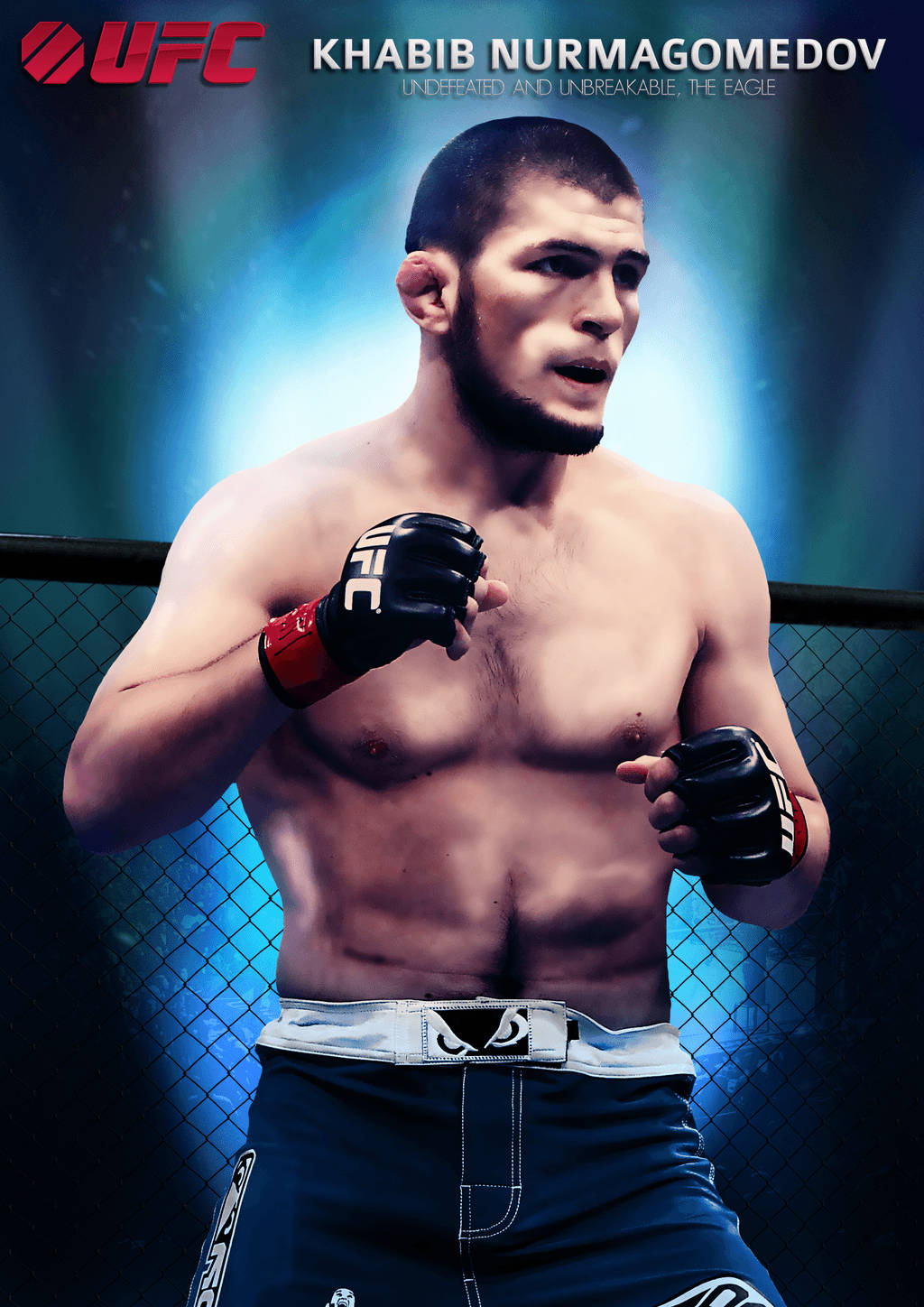 UFC 桌布 壁紙 — UFC拳手卡比布·努曼格莫多夫在八角籠內以戰鬥姿勢站立，在戲劇性的藍色燈光下展現強烈專注。