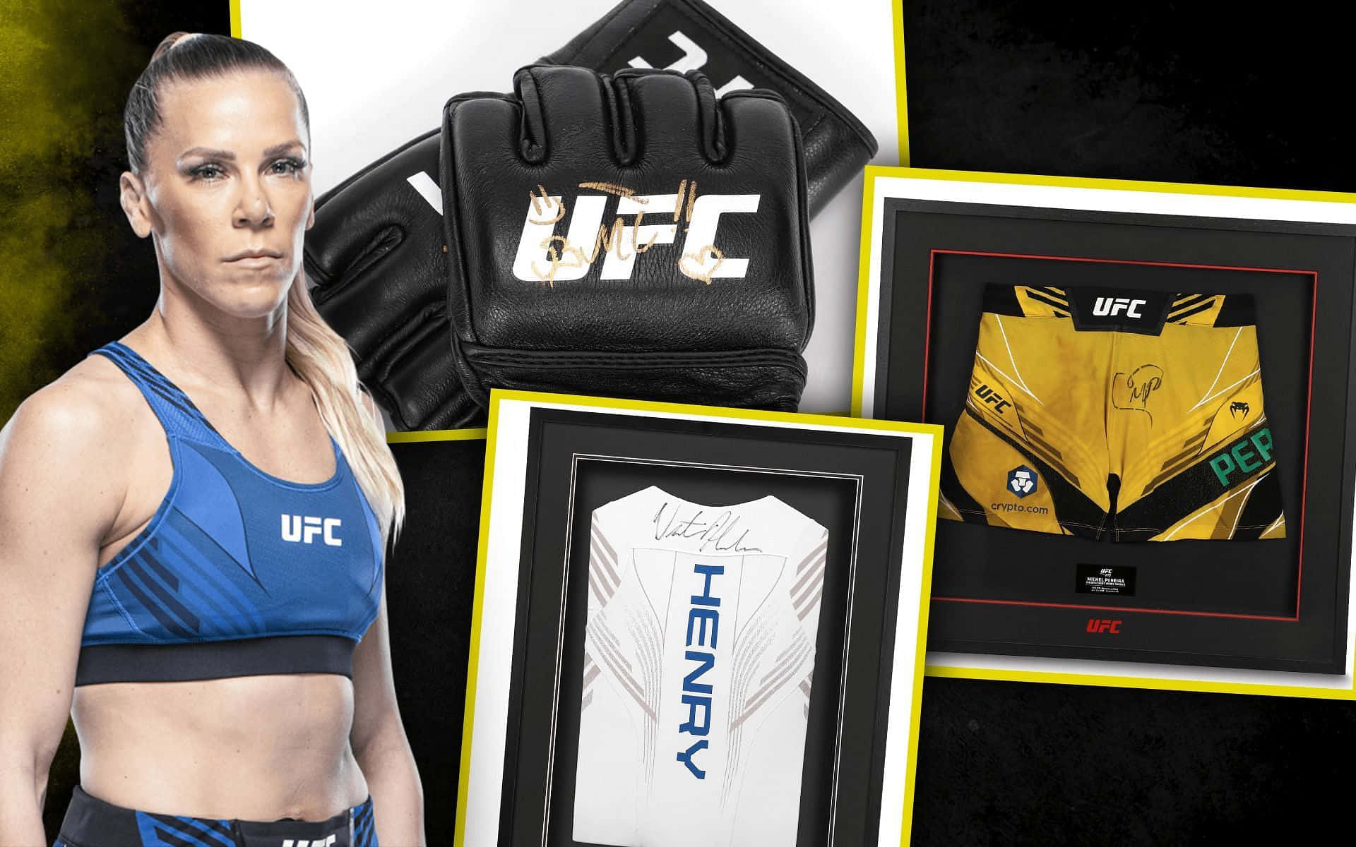 UFC明星卡特琳·庫卡吉安與她的簽名商品 壁紙 — 一位兇猛嘅女UFC拳手企喺裝裱好嘅簽名格鬥裝備旁邊，包括手套、球衣同短褲。