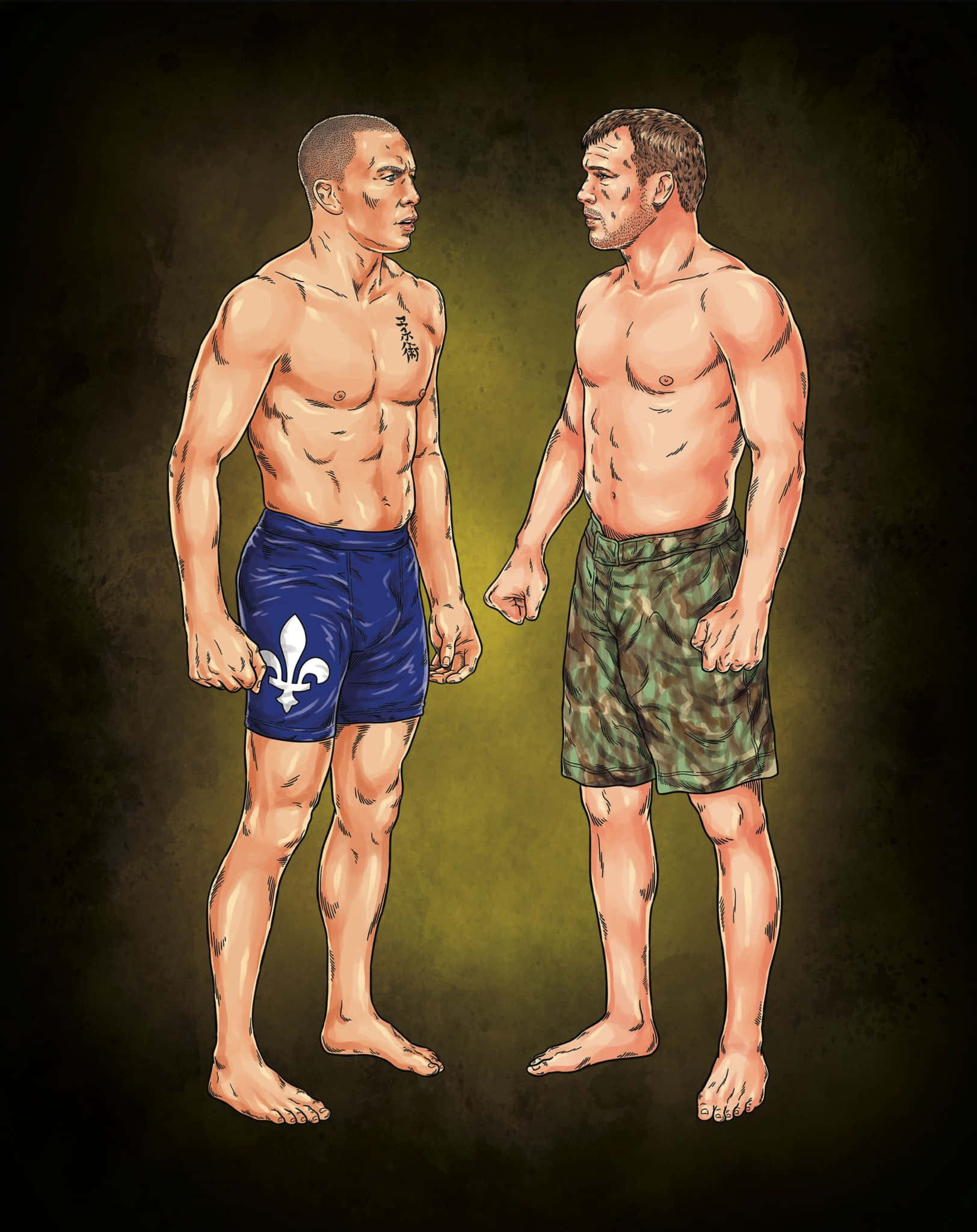UFC粉絲創作畫作：肖恩·舍克 壁紙 — 兩名穿著短褲的肌肉發達的戰士在戲劇性的燈光下進行緊張的賽前對峙。