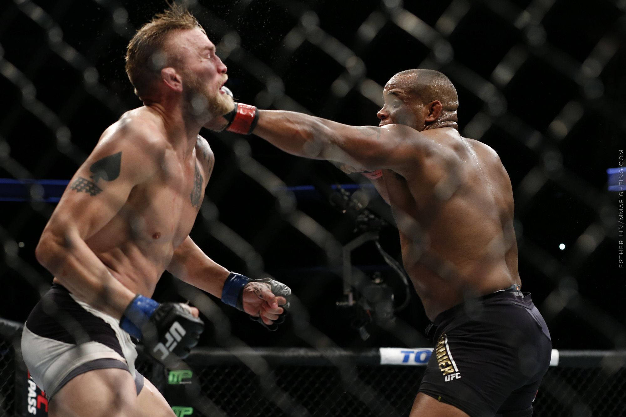 UFC輕重量級明星 壁紙 — 兩位肌肉發達的拳手在明亮的場館燈光下，以鐵絲網圍欄為背景，進行激烈的MMA對決。