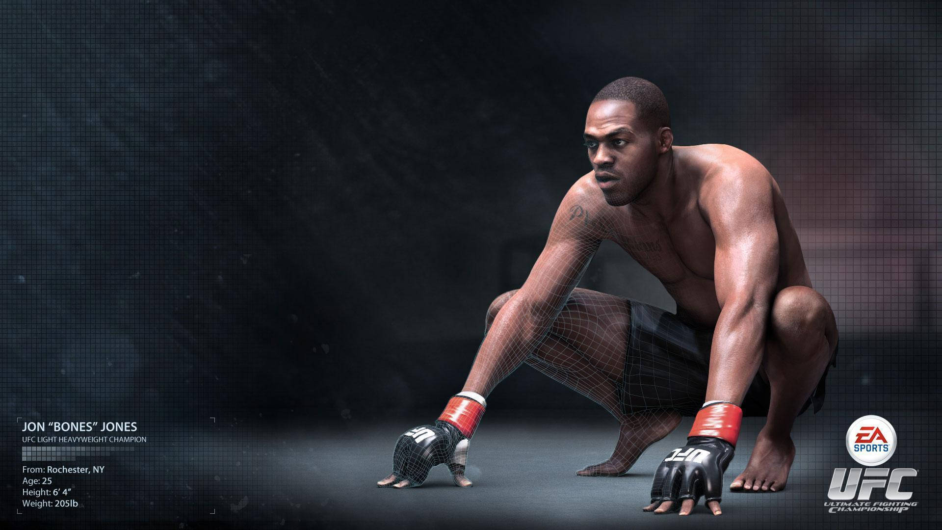 UFC拳手Jon Jones在黑暗的八角籠中蹲下，表情專注。