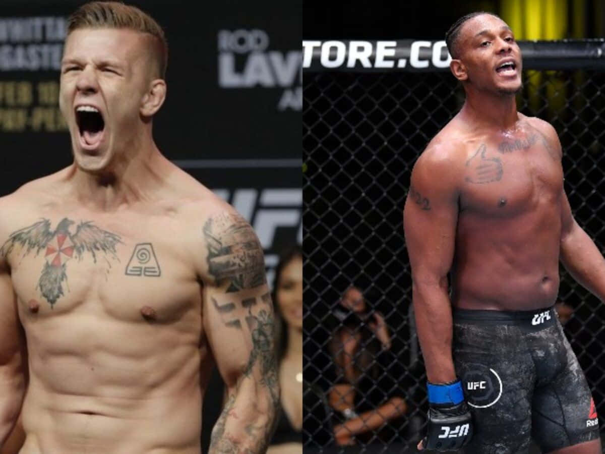 UFC選手吉米·克魯特與賈馬哈爾·希爾 壁紙 — 兩名肌肉發達的男性拳手在UFC八角籠內勝利咆哮，身後有鐵絲網圍欄和品牌標誌。