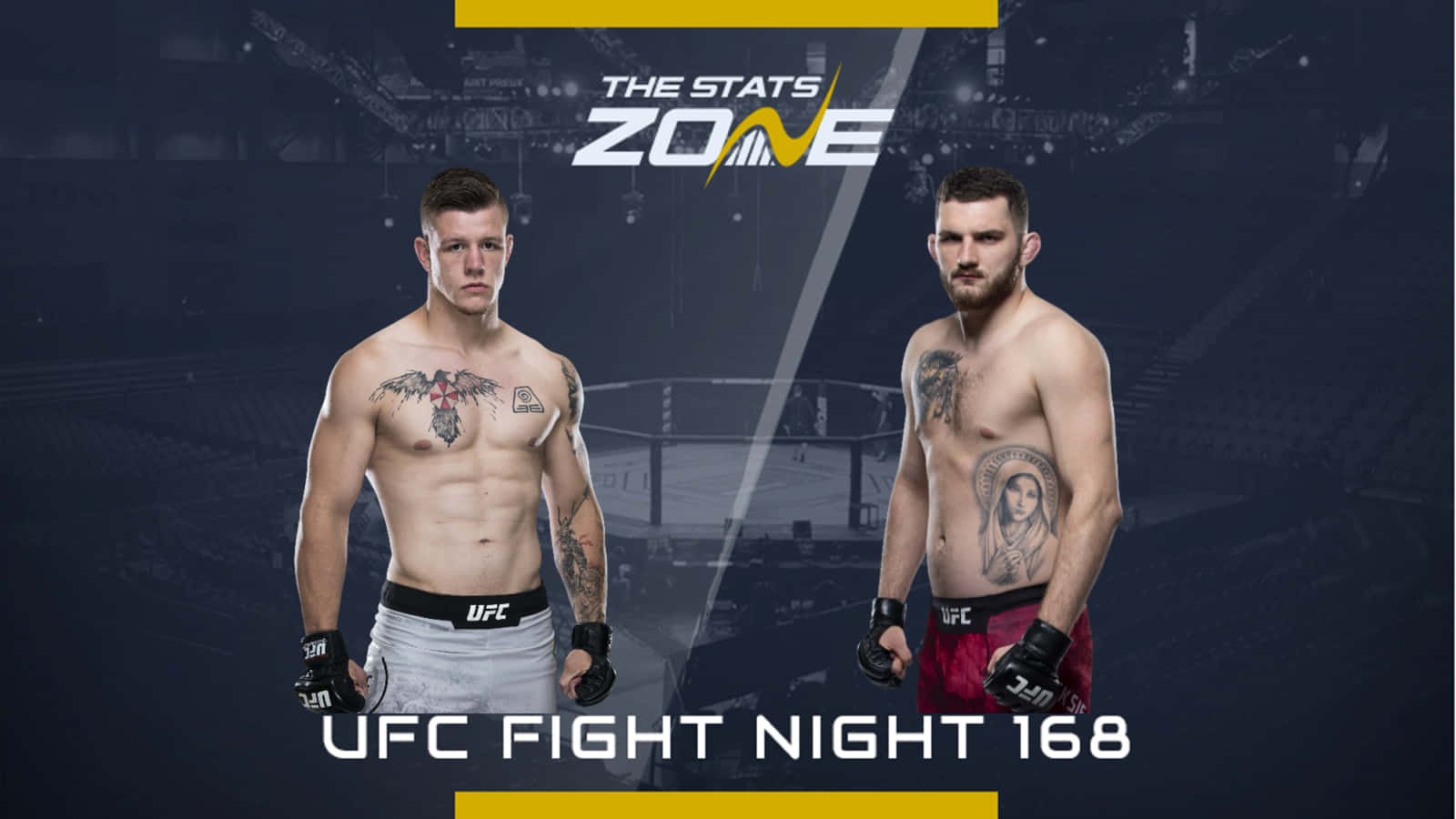 UFC選手吉米·克魯特賽前準備 壁紙 — 兩位肌肉發達的UFC拳手在燈光昏暗的場館中對峙，並帶有 'UFC Fight Night 168' 文字疊加。