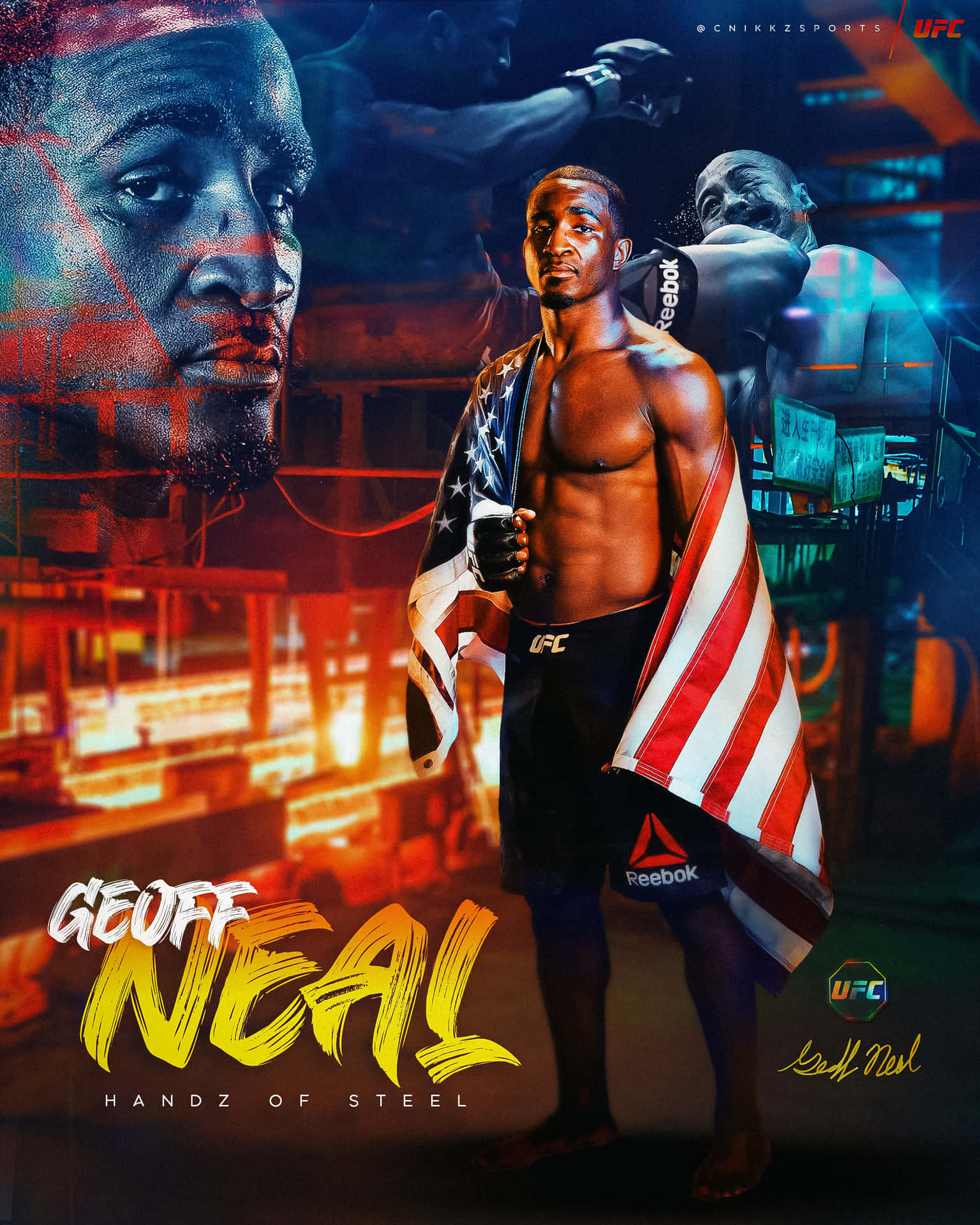 UFC拳手Geoff Neal在霓虹競技場中披著美國國旗，帶有層疊的戰鬥圖像。