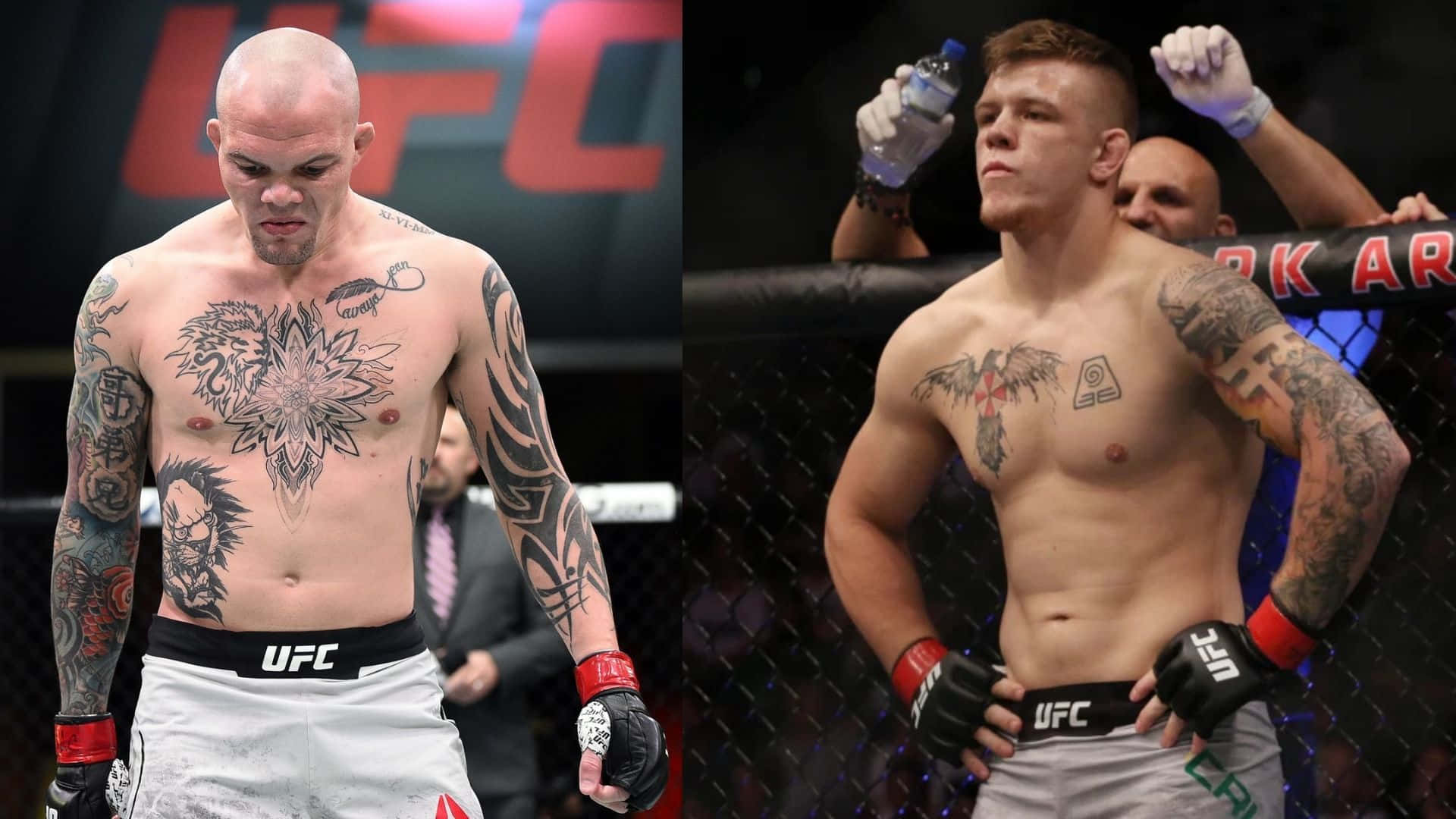 UFC選手安東尼·史密斯與吉米·克魯特 壁紙 — 兩名紋身UFC拳手身穿八角籠裝備，一名被打敗沮喪，另一名勝利拿著水樽。