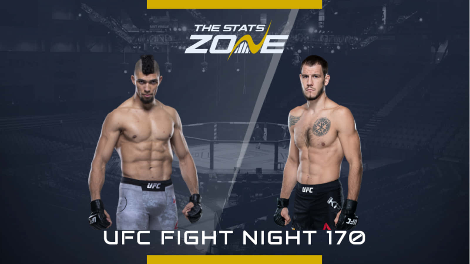 UFC選手尼基塔·克里洛夫與約翰尼·沃克賽前對峙 壁紙 — 兩位肌肉發達的UFC拳手在燈光昏暗的場館中對峙，下方有「UFC Fight Night 170」字樣。