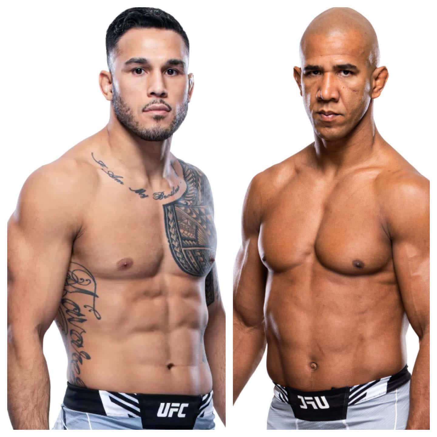 UFC選手布拉德·塔瓦雷斯與格雷戈里·羅德里格斯 壁紙 — 兩位肌肉發達的UFC拳手在白色背景前赤裸上身擺姿勢，展示清晰的腹肌和紋身。