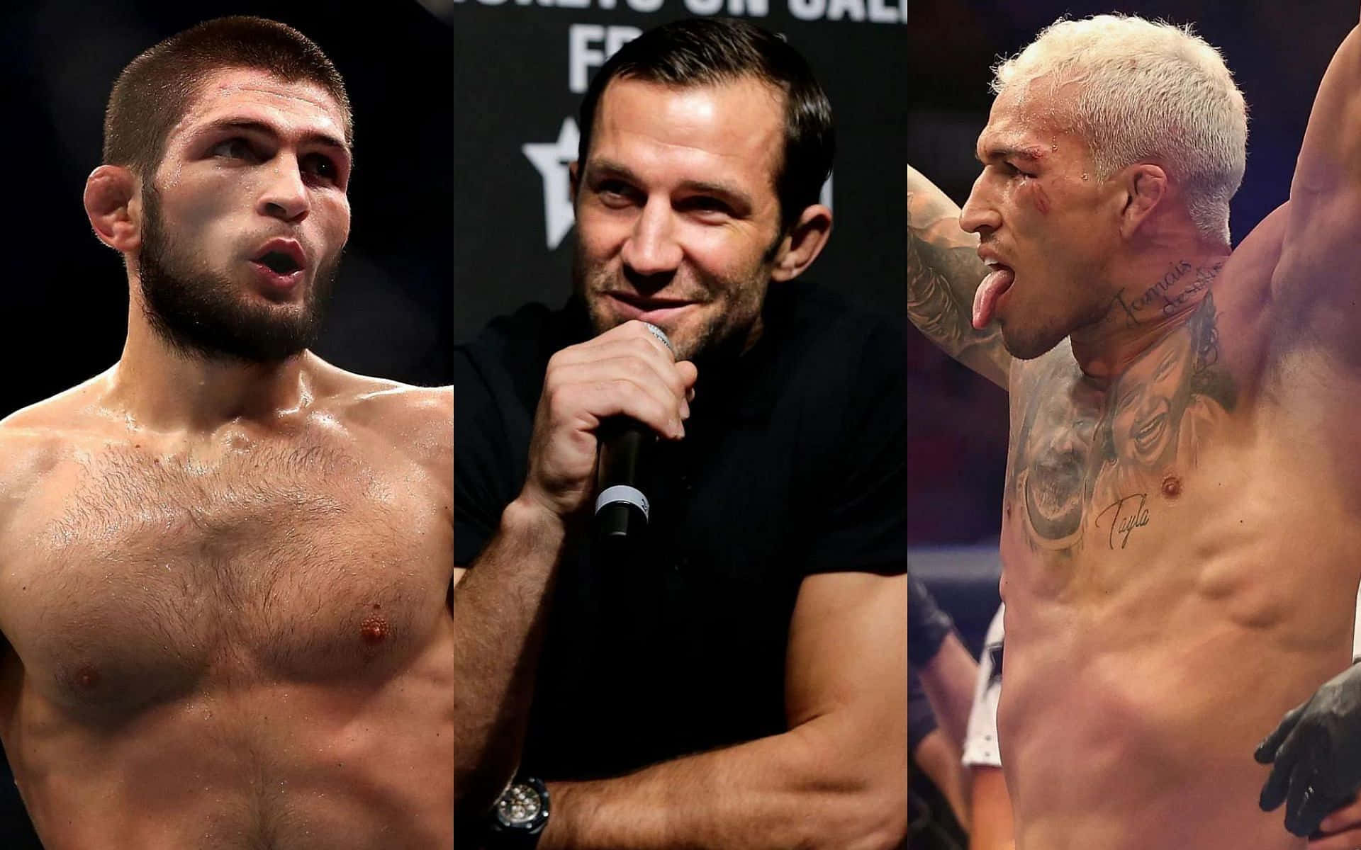 UFC選手查理斯·奧利維拉、盧克·羅克霍德與哈比布·努爾馬格梅多夫拼貼畫 壁紙 — 三個肌肉發達的男性戰士在分屏蒙太奇中展示強烈的表情和紋身。