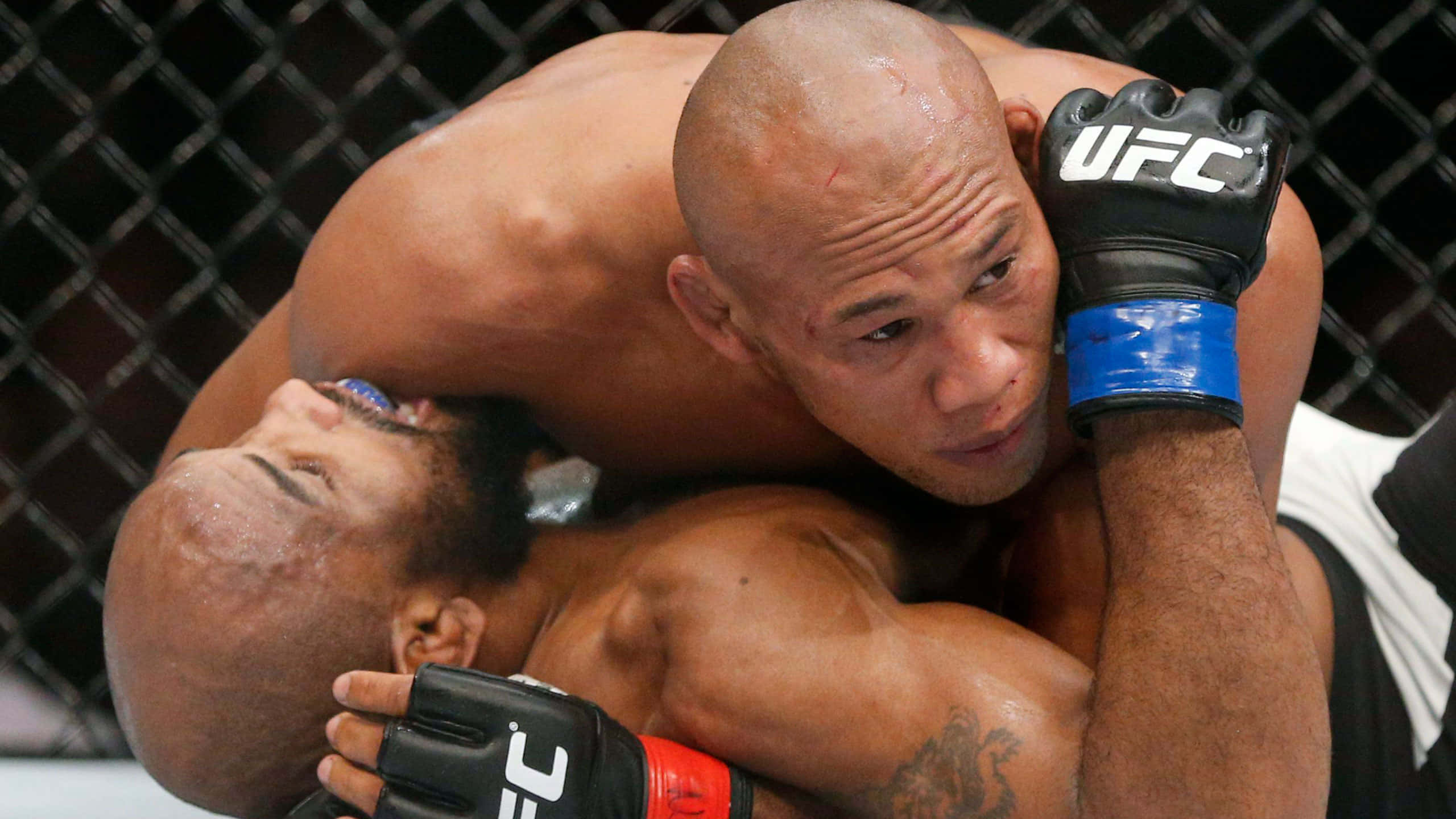 UFC選手羅納爾多·蘇薩實施降服技 壁紙 — 兩名肌肉發達的拳手在UFC八角籠內激烈纏鬥，背景是鐵絲網圍欄。