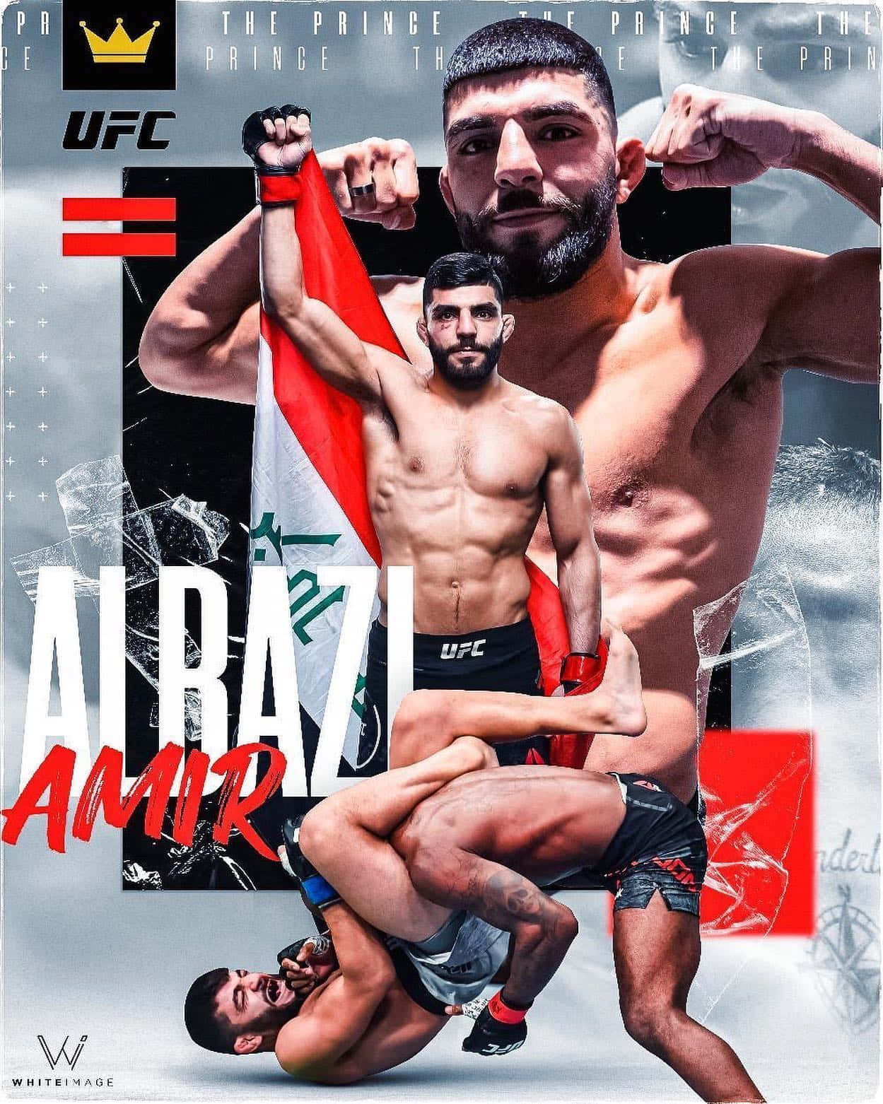 UFC拳手Amir Al Bazi以勝利姿勢高舉伊拉克國旗，搭配戰鬥拼貼。