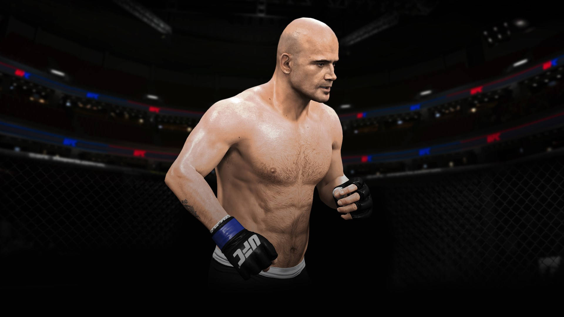 UFC重量級冠軍Bas Rutten 壁紙 — 一位光頭肌肉發達的拳手戴著UFC手套，在燈光昏暗的八角籠中警覺地站立，背景是模糊的觀眾燈光。