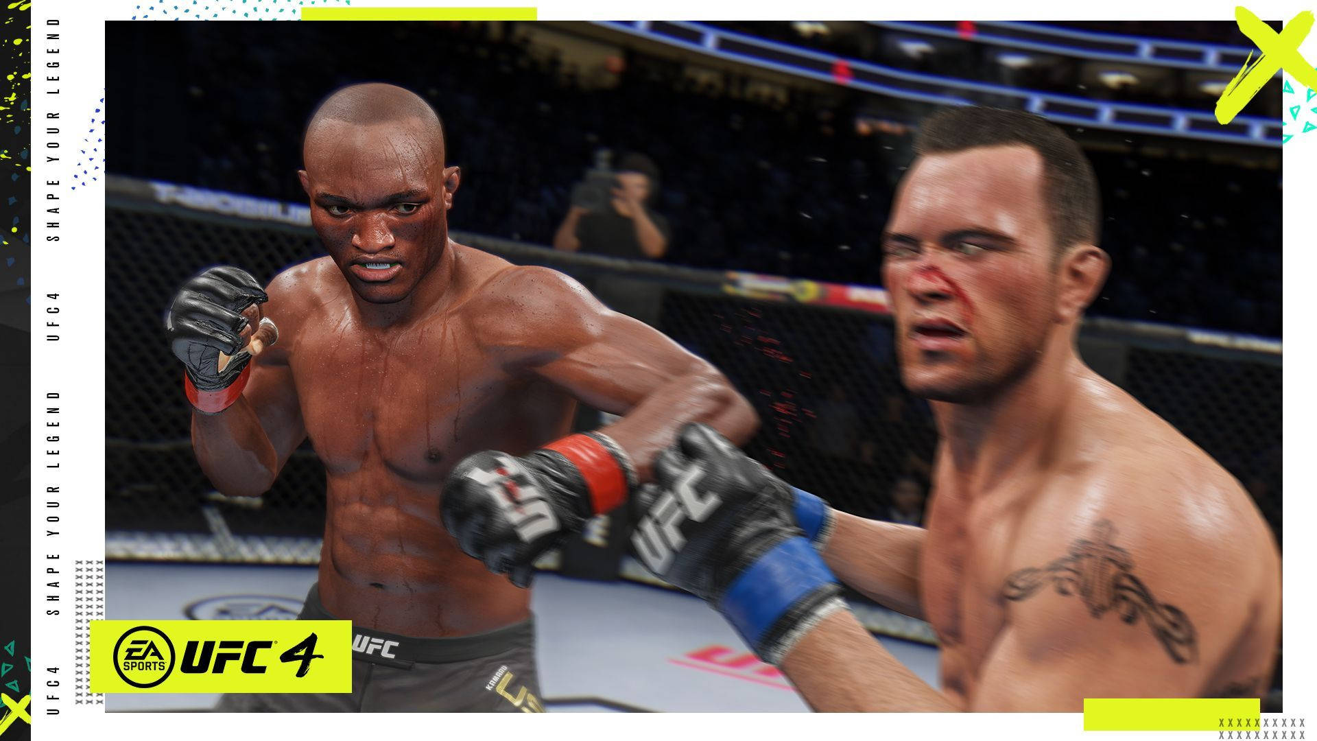 UFC重量級王者烏斯曼 壁紙 — 兩名肌肉發達的拳手在明亮的場館燈光下，於激烈的UFC 4八角籠比賽中交鋒。