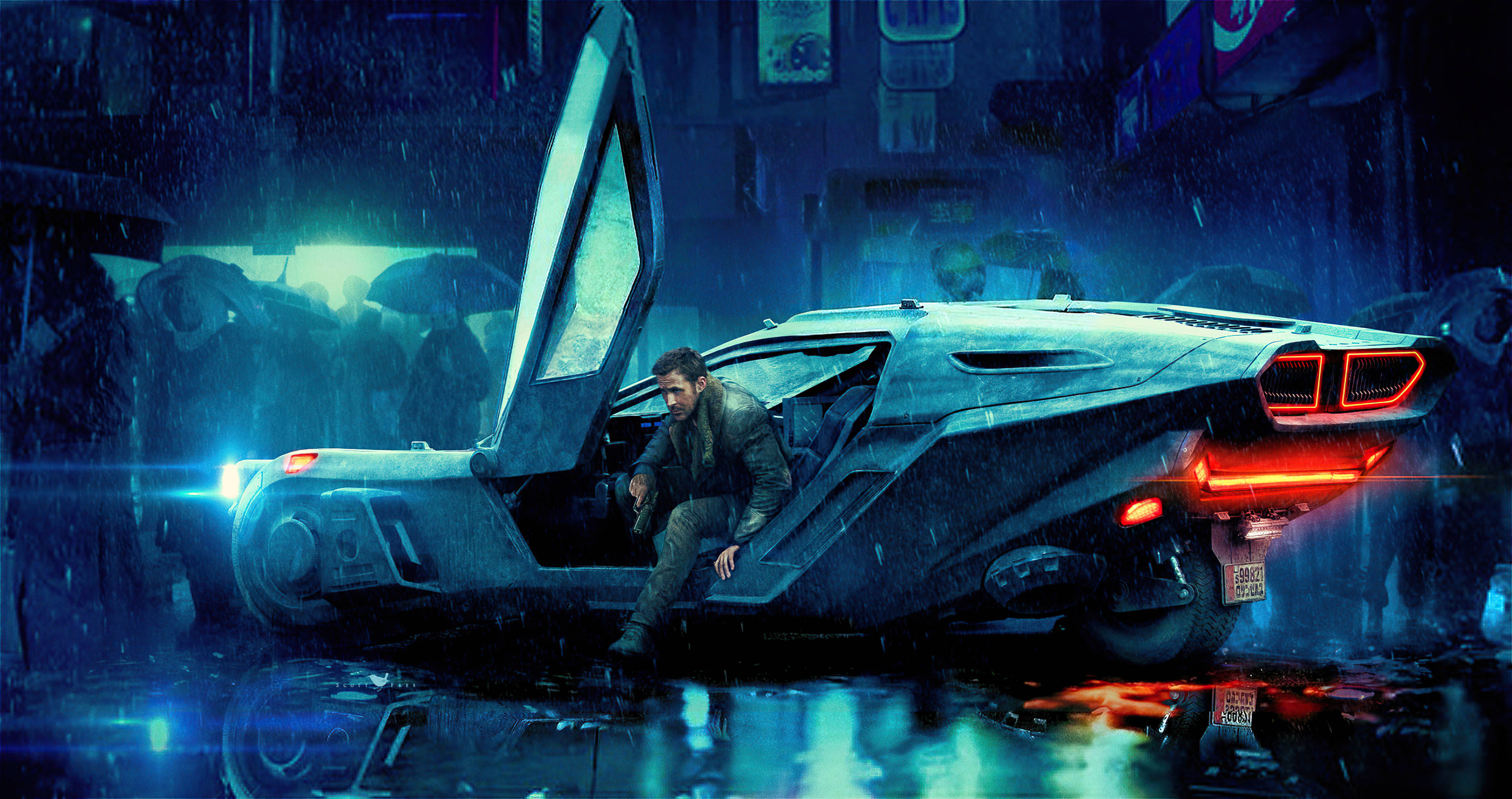 《銀翼殺手2049》警官K駕駛旋轉飛行器 4K 壁紙 — 一名男子在雨夜的賽博朋克城市街道上，在霓虹燈光下從一輛未來主義跑車中走出。