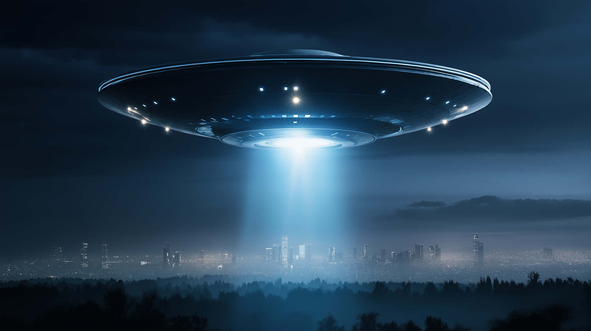 一個發光的UFO在夜間懸浮於城市上空，向下投射出一道明亮的光束。