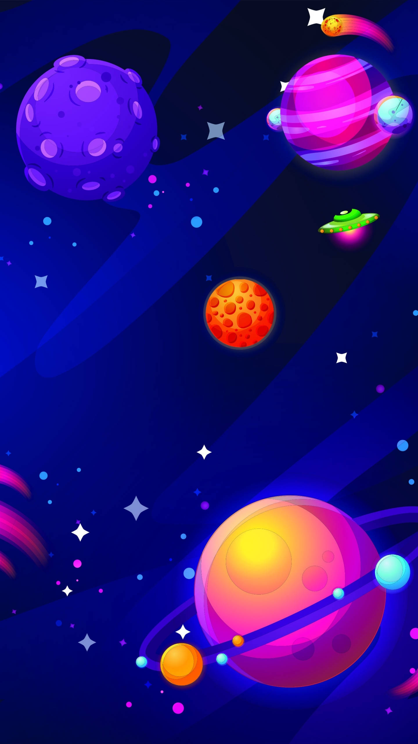 UFO行星太空手機壁紙 壁紙 — 充滿活力的卡通行星和星星漂浮在深藍色的宇宙場景中，伴隨著發光的UFO。