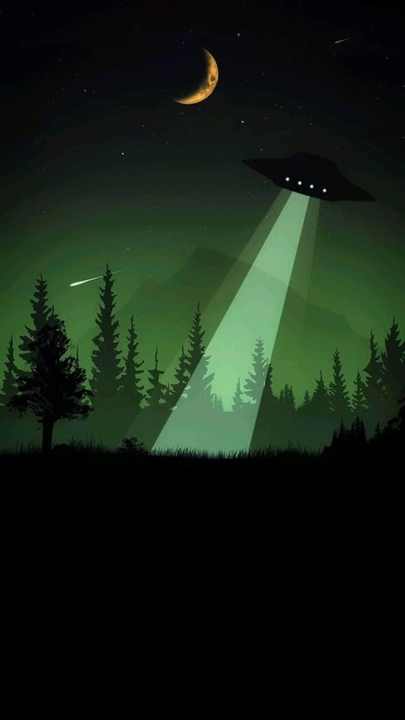 Cartoon Alien 桌布 壁紙 — UFO在夜晚的森林上空發出綠光，下方有新月和星星。