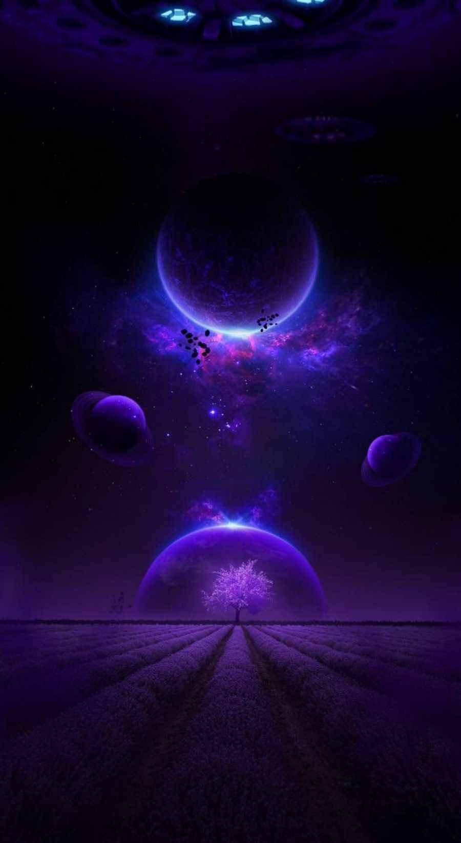 在繁星點點的宇宙天空下，紫色田野中一棵發光的樹和漂浮的行星。