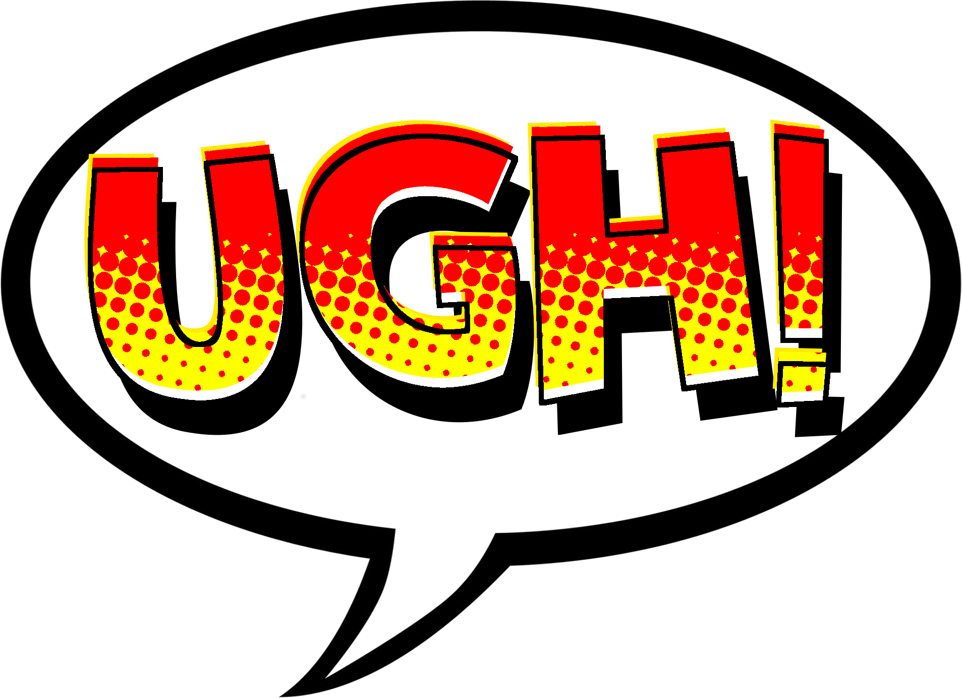 漫畫驚嘆氣泡「UGH!」 壁紙 — 一個大膽的漫畫風格對話氣泡，帶有紅色和黃色半色調文字的「UGH!」字樣，背景為黑色。