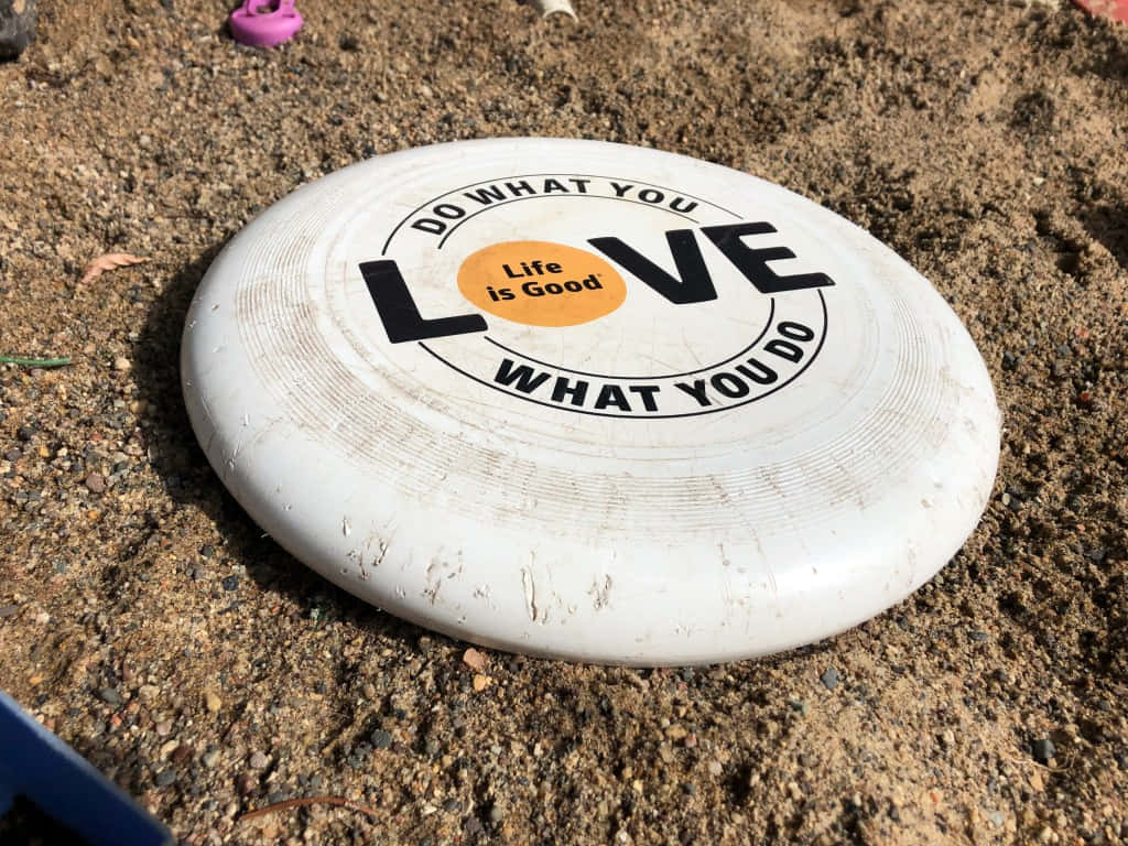 充滿活力的 Ultimate Frisbee 行動瞬間 壁紙 — 一個風化了的白色飛盤，上面有「DO WHAT YOU LOVE WHAT YOU DO」字樣，在明亮的陽光下躺在乾燥的泥土上。