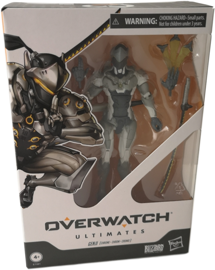 守望英雄 前進者 Ultimate 行動人偶包裝 壁紙 — 一個包裝好的Overwatch Genji可動人偶，以動態姿勢展示，劍和配件透過透明塑膠可見。