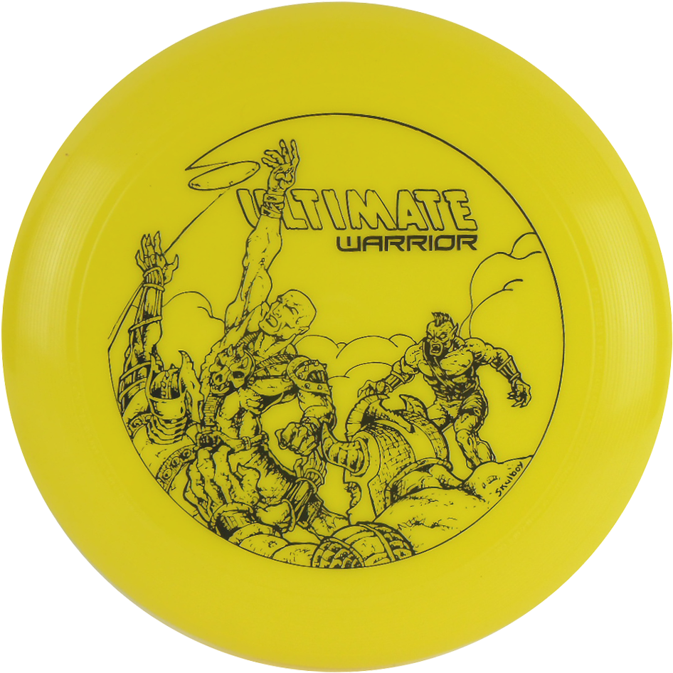 Ultimate Warrior 飛盤設計 壁紙 — 一個亮黃色的飛盤上有一個大膽的黑色線條插圖，描繪了一個肌肉發達的戰士跳過敵人，並帶有文字 Ultimate Warrior。