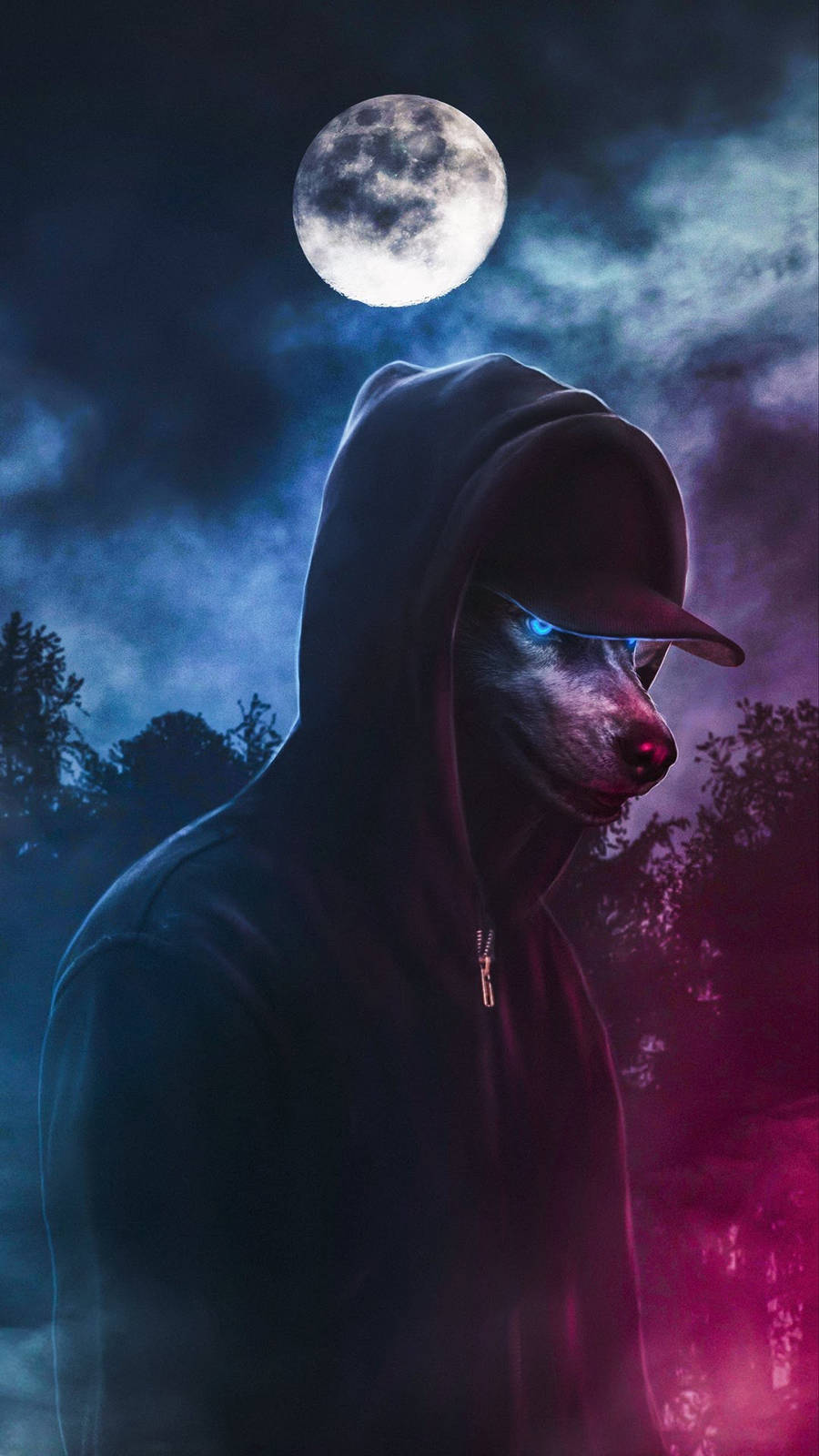 震撼三星Ultra 4K電視 壁紙 — 一隻神秘的戴帽犬隻，擁有發光的藍色眼睛，站在滿月下，處於帶有霓虹粉紅和藍色燈光的暮色森林中。