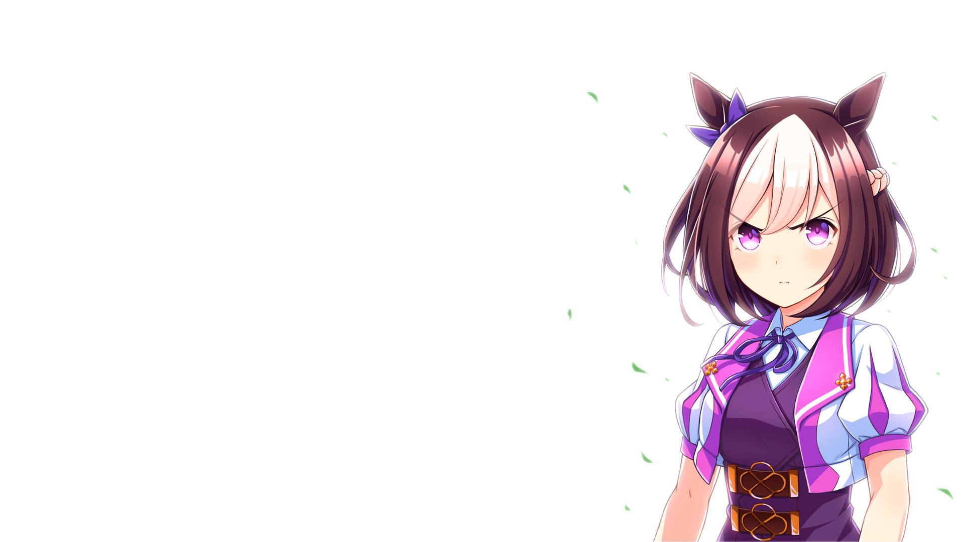 動漫女孩，貓耳朵，紫色眼睛，穿著紫色服裝，漂浮的葉子。