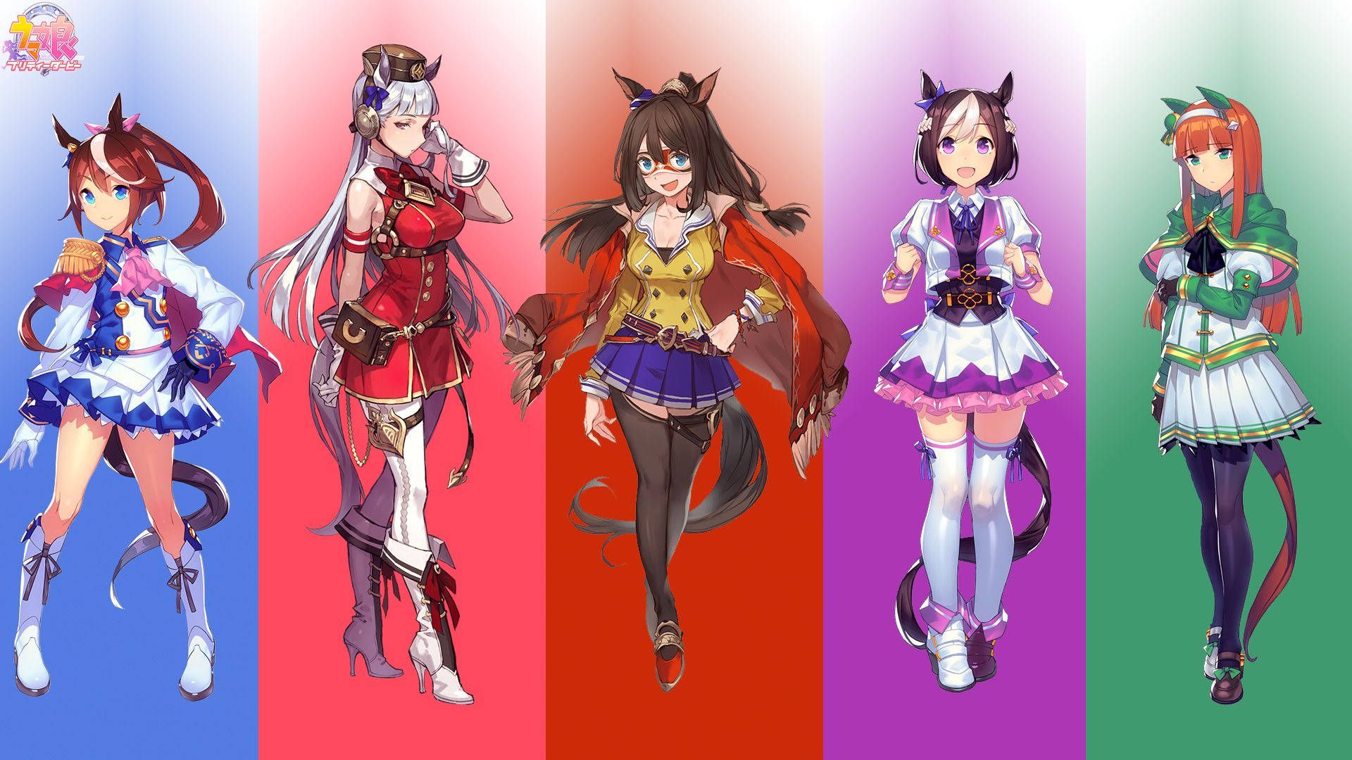 Uma Musume Pretty Derby 動畫拼貼 壁紙 — 五個動漫風格馬娘穿著色彩繽紛的服裝，站在充滿活力的垂直背景前。
