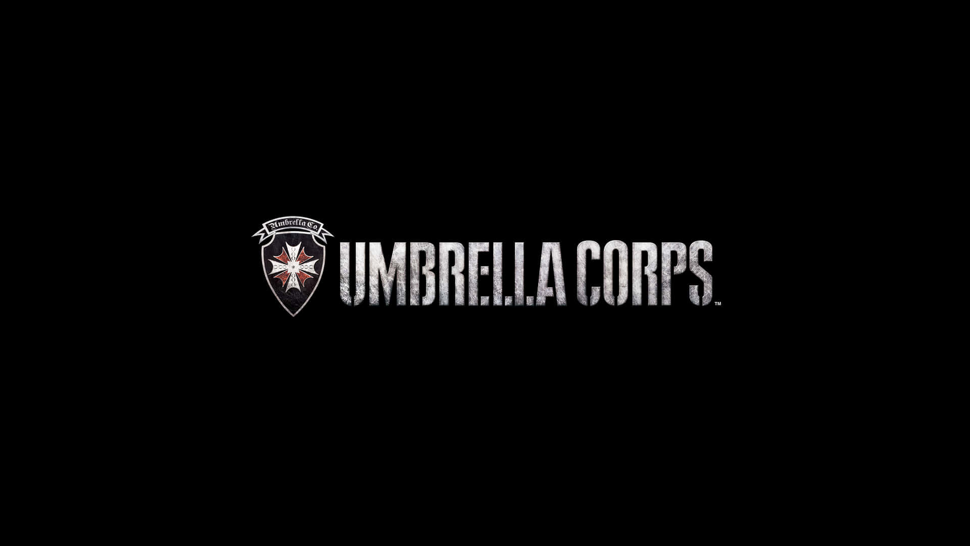  壁紙 — Umbrella Corps 標誌在純黑背景上散發著粗糙的金屬質感光芒。