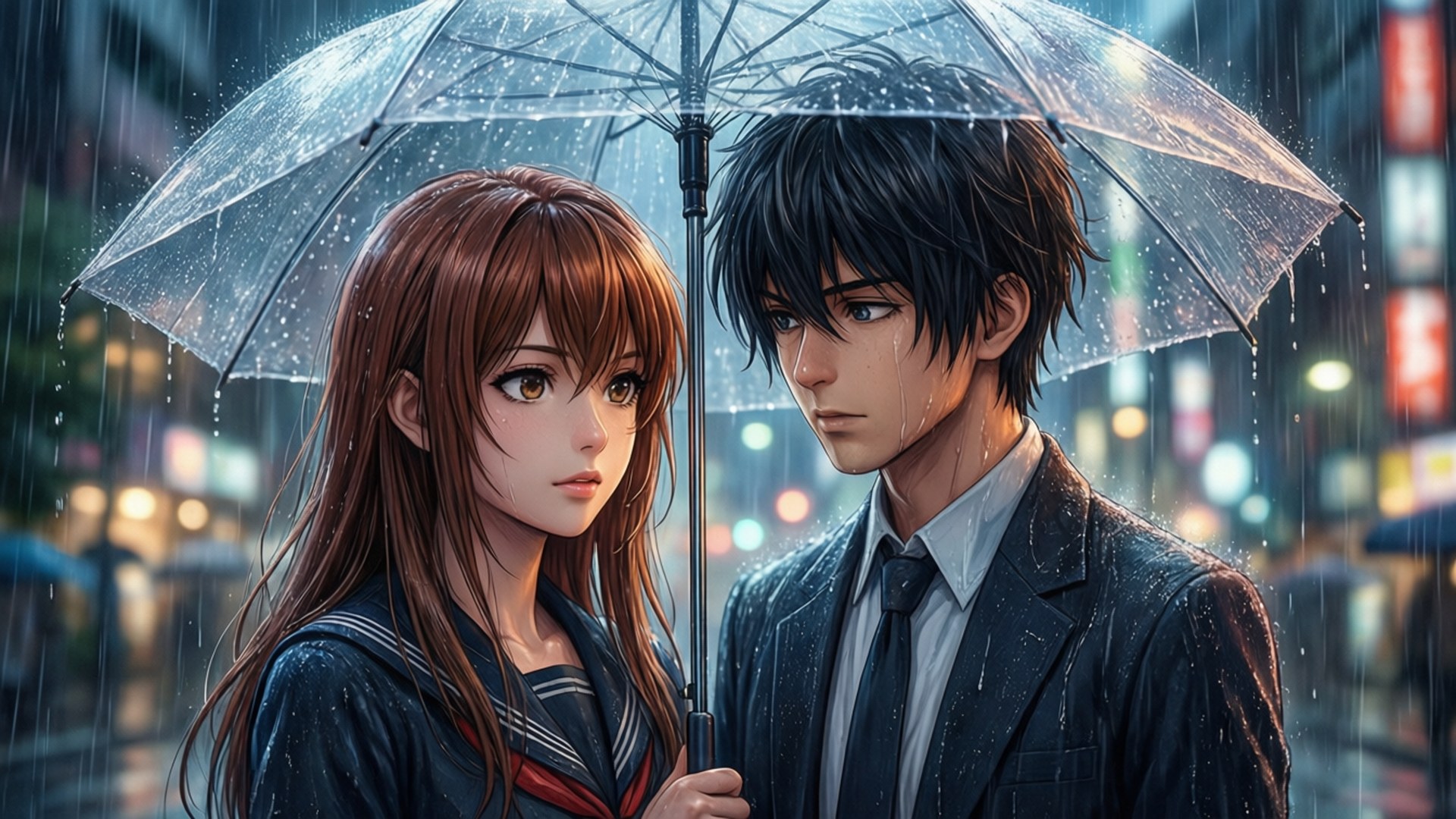 兩個動漫角色在夜晚的城市街道上，在傾盆大雨中緊靠在一把雨傘下。