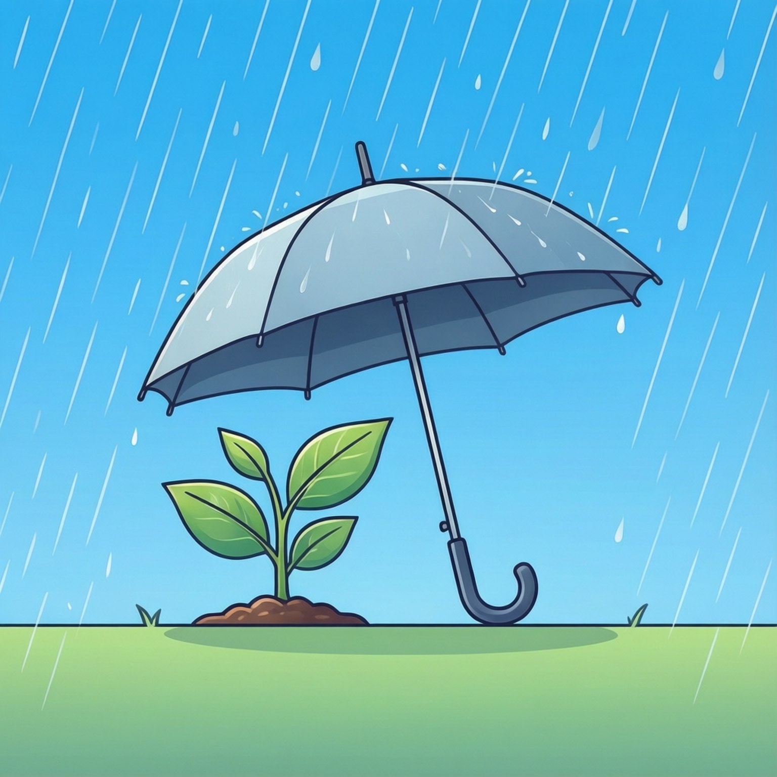 一把灰色雨傘在藍天下保護一棵小綠色植物免受雨淋。